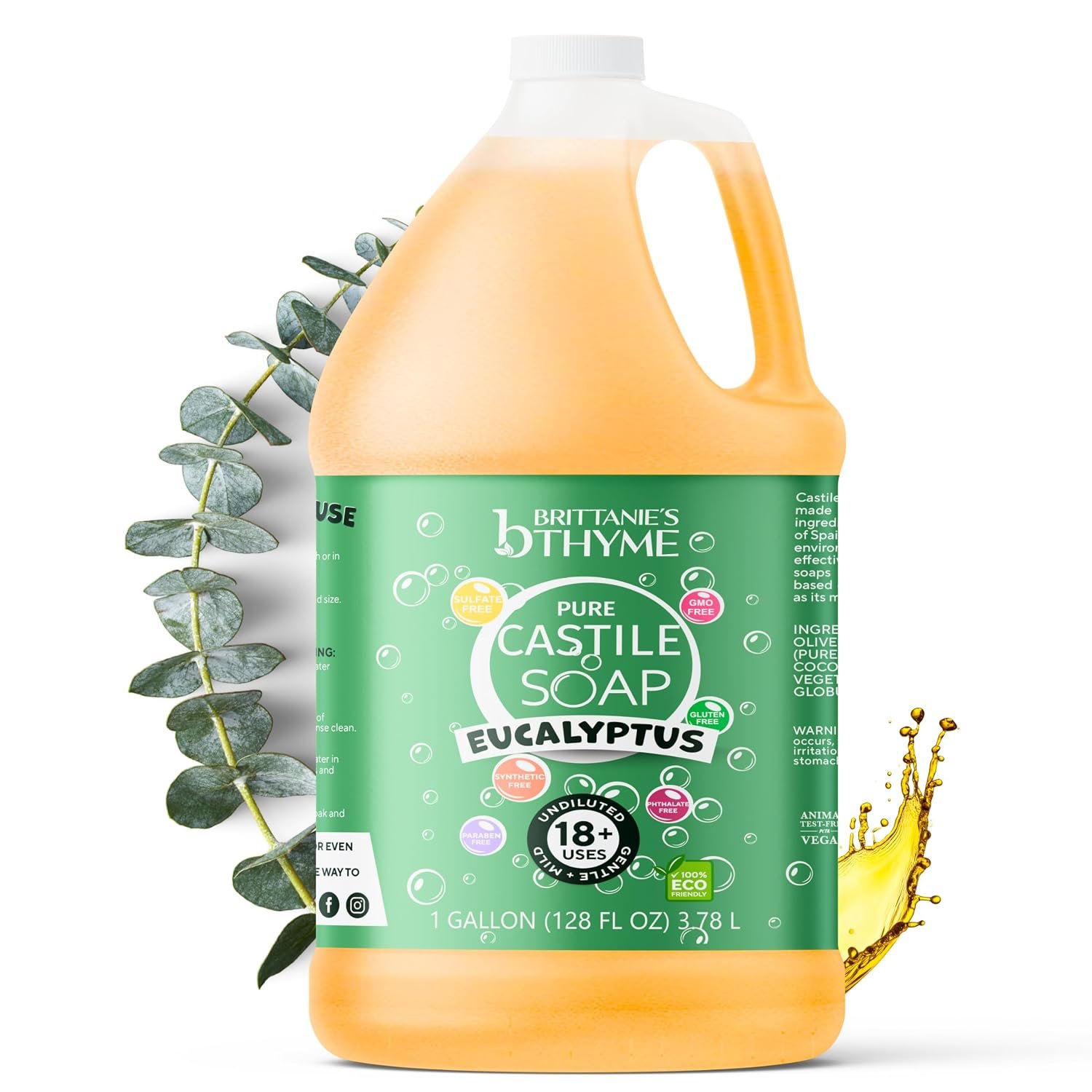 Brittanie’s Pure Castile Liquid Soap, Eucalyptus, 1 Gallon | Natural