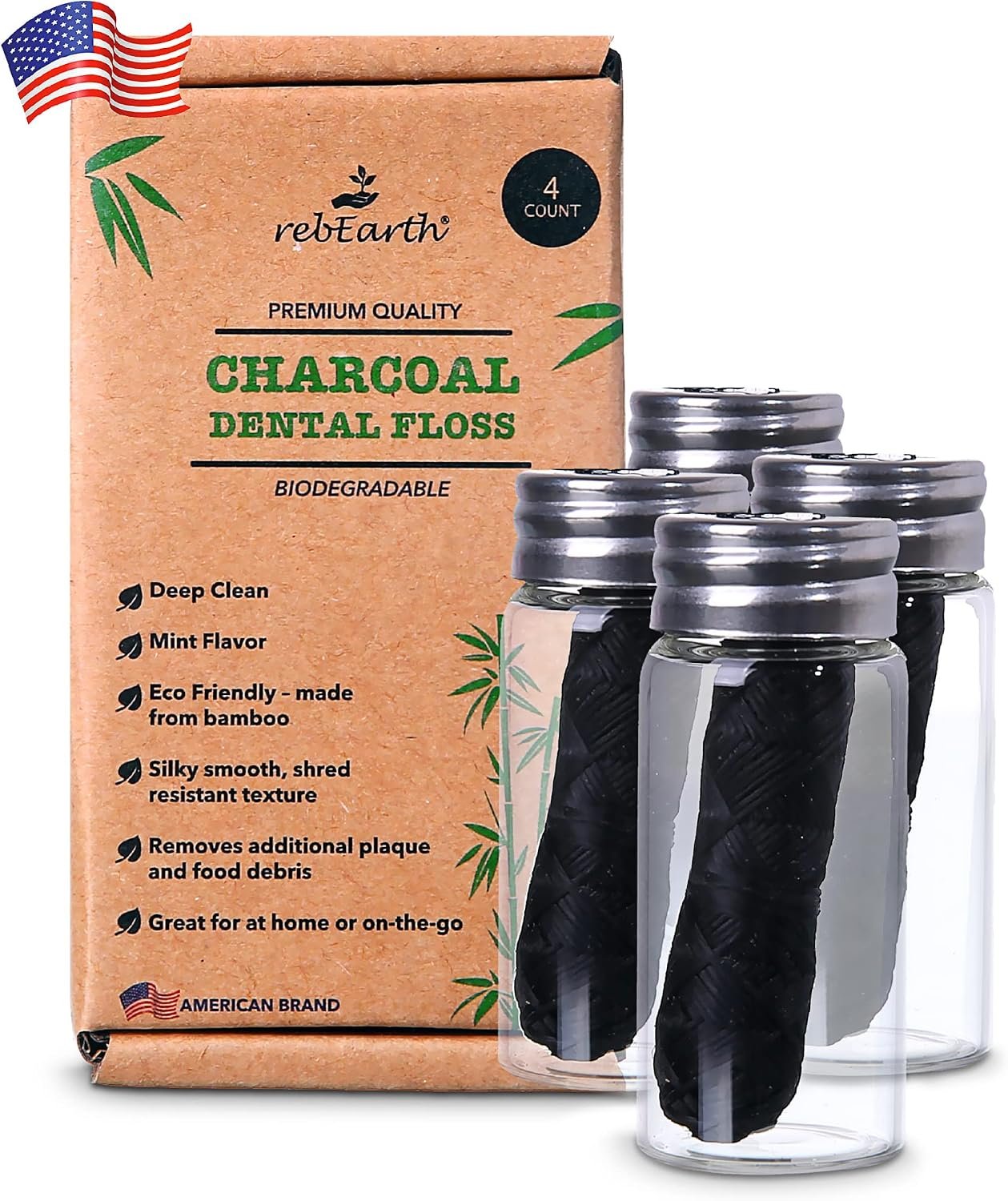 rebEarth Bamboo Charcoal Dental Floss – 4 Refillable Glass Containers