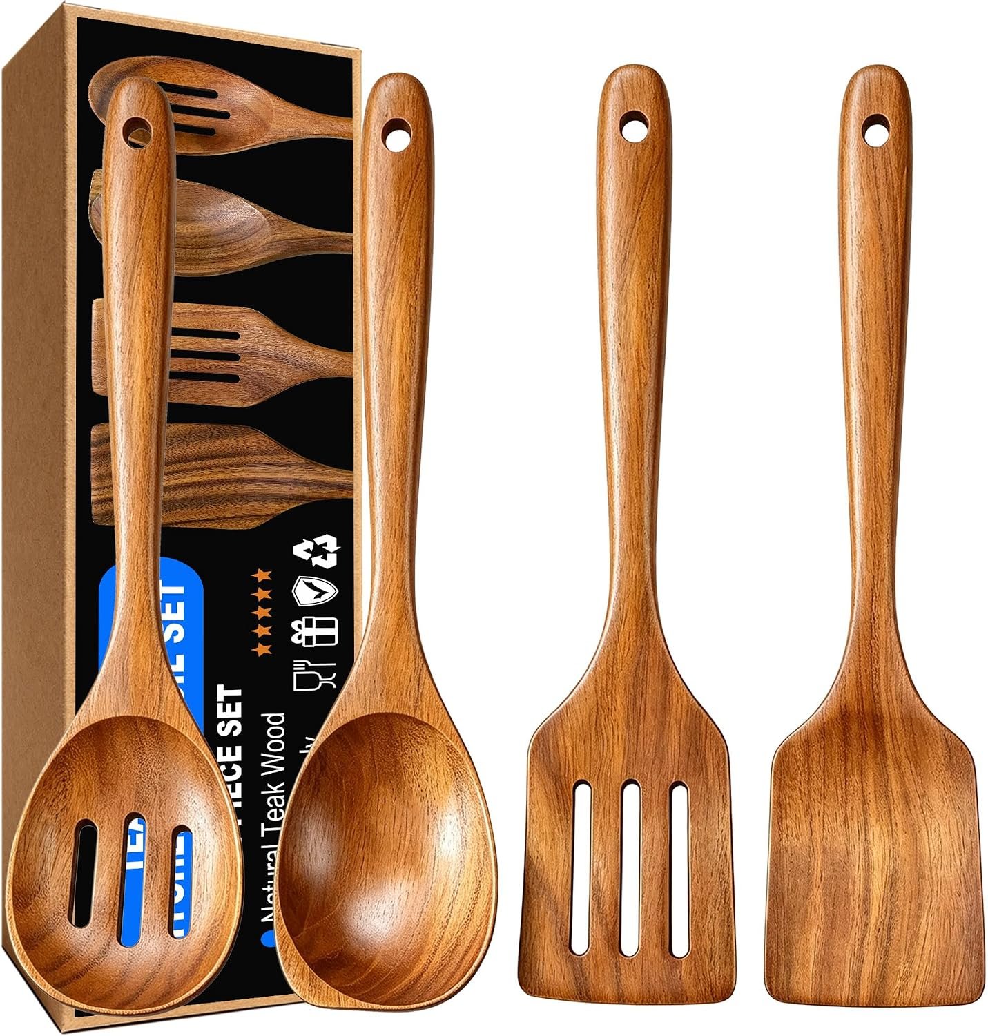 Wooden Spoons for Cooking, 4 Piece Teak Cooking Utensils Set