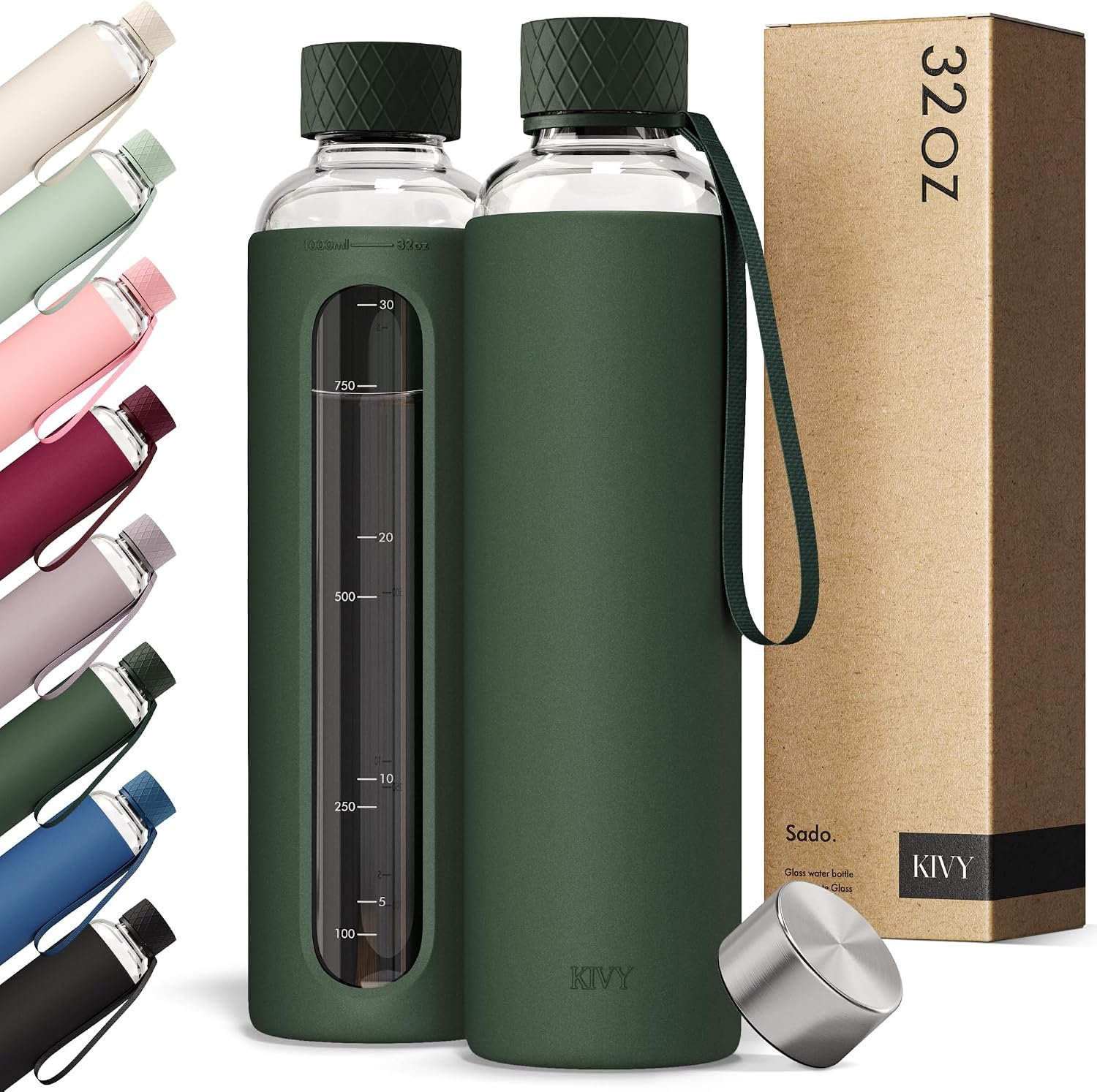 KIVY Glass Water Bottle with Silicone Sleeve 32 oz – with Measurement