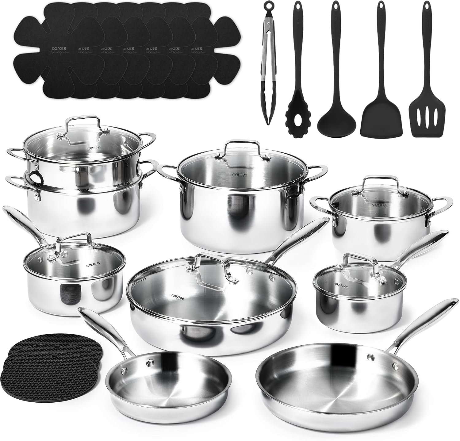 CAROTE 30 PCS Tri-Ply Stainless Steel Cookware Set, Pots and Pans Set, Non Toxic Induction Kitchen Cooking Sets, Cookware Collection, Silver