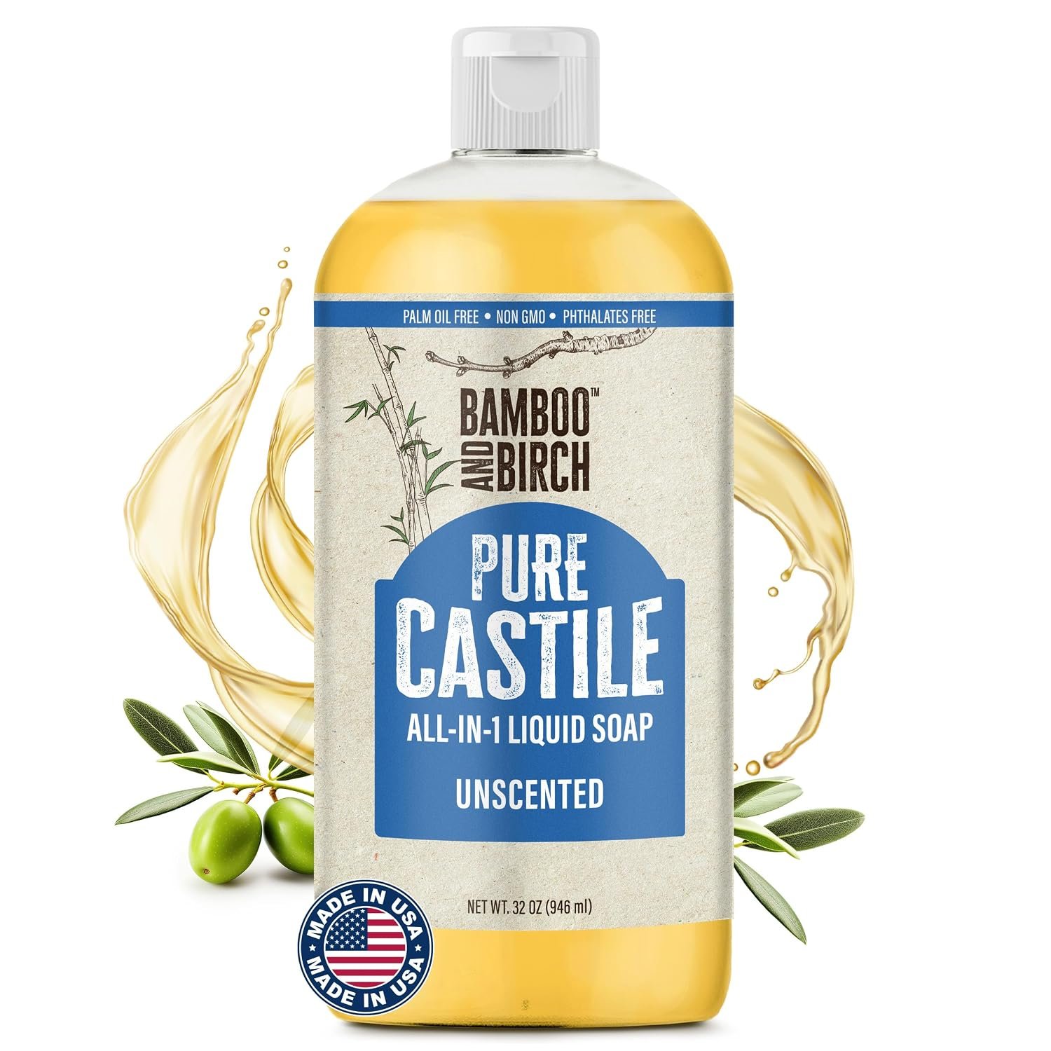 BAMBOO AND BIRCH Pure Castile Soap Liquid, Unscented, 32 oz