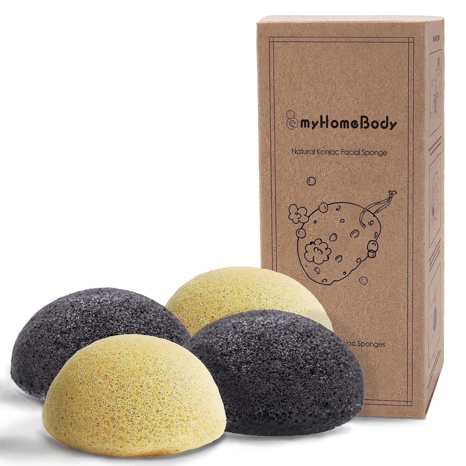 myHomeBody Natural Konjac Facial Sponges, Turmeric Yellow & Charcoal Grey
