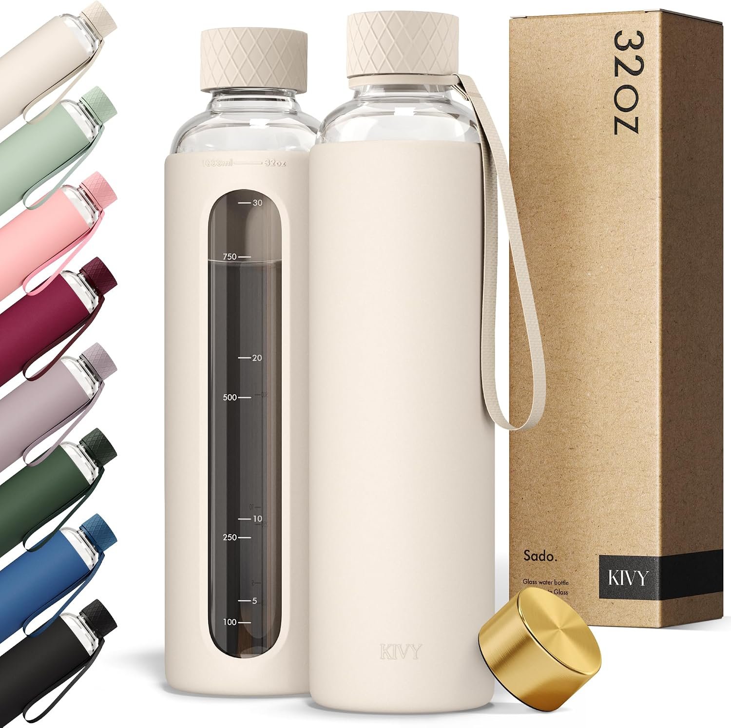 KIVY Glass Water Bottle with Silicone Sleeve 32 oz – with Measurement