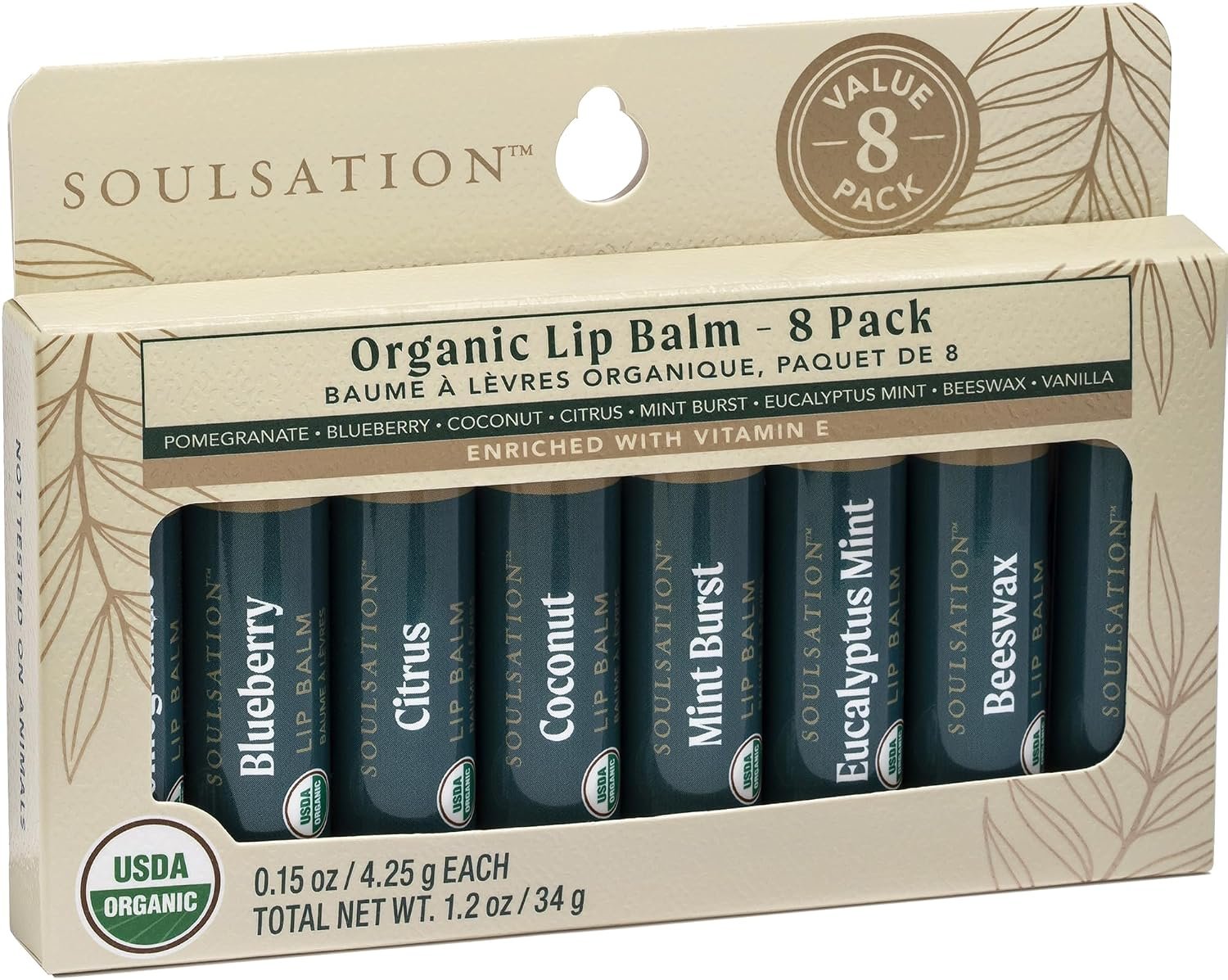 Soulsation Organic Lip Balm Set, 8 Flavors, Natural for Dry Cracked Lips