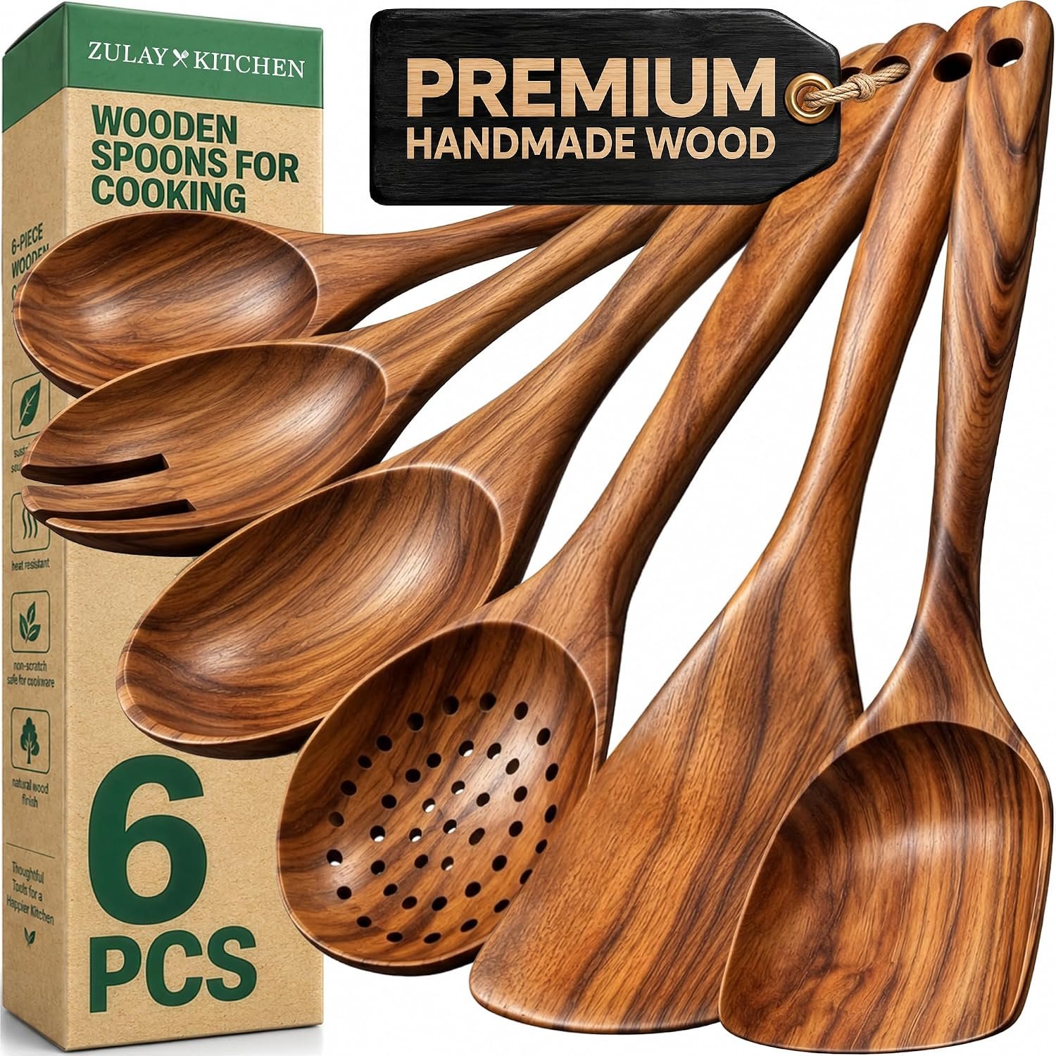 Zulay Kitchen 6 Piece Teak Wooden Utensil Set, Wooden Spoons for Cooking