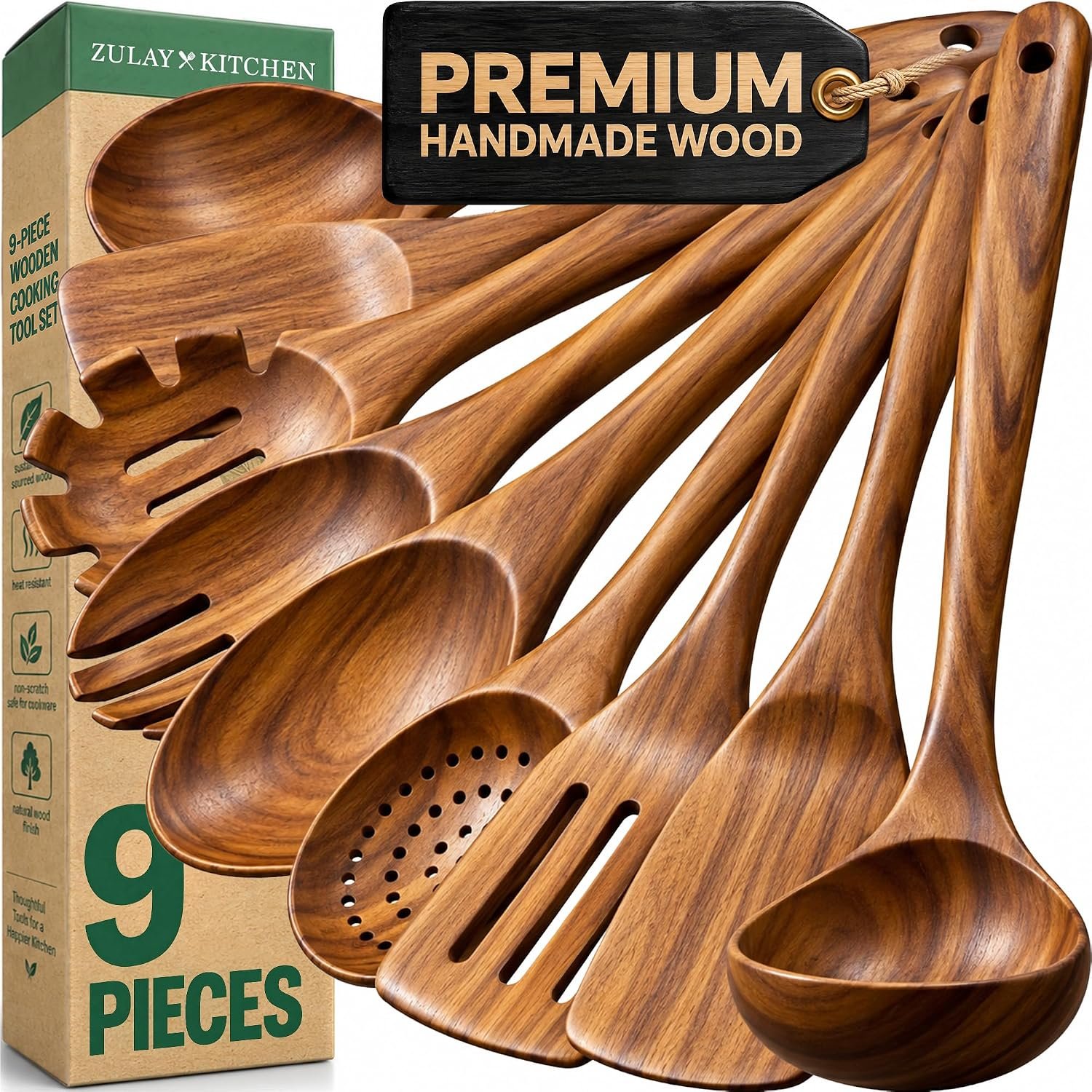 Zulay Kitchen 9-Piece Teak Wood Cooking Utensil Set – Non-Toxic & Non-Stick Safe Wooden Spoons & Kitchen Tools with Comfortable Grip, Smooth Finish Natural Teak – Perfect Kitchen Gift Set