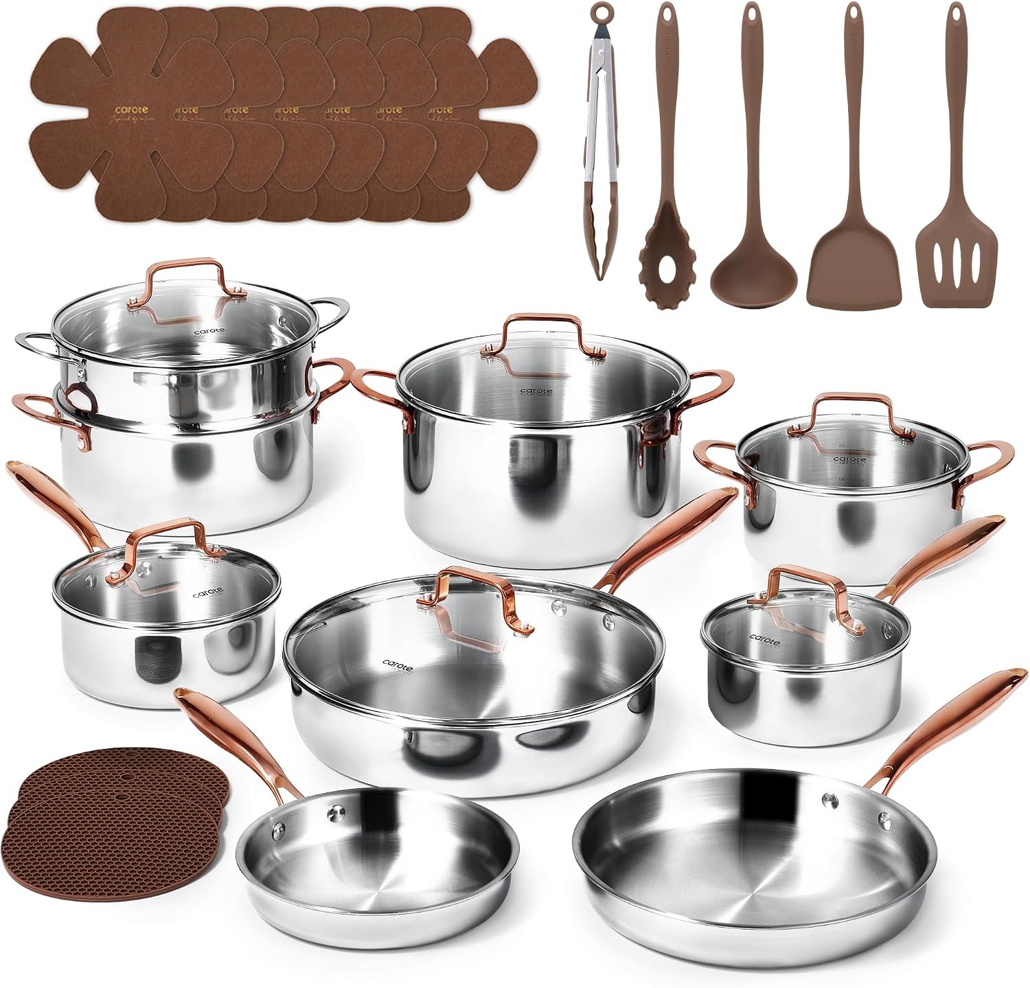 CAROTE 30 PCS Tri-Ply Stainless Steel Cookware Set Pots and Pans Set