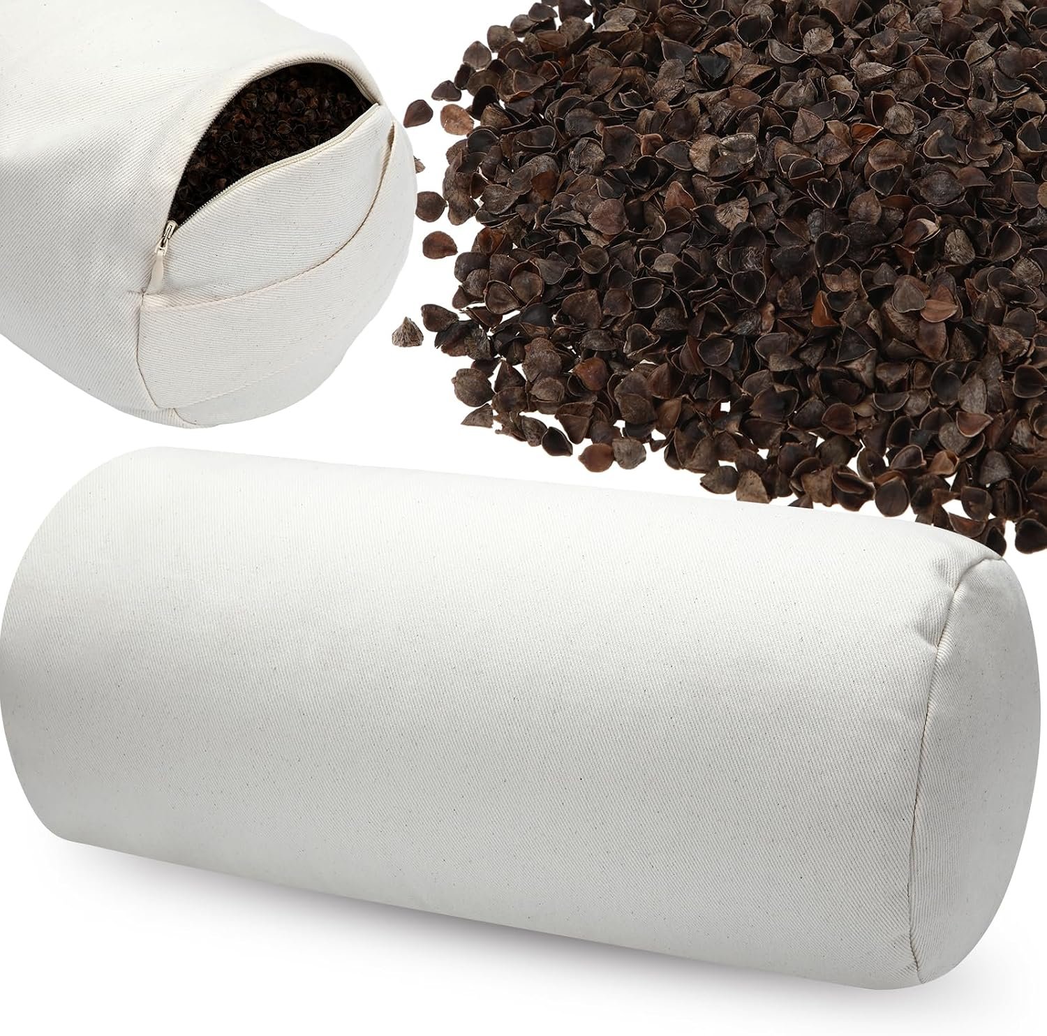 DoubleFill Buckwheat Pillow Cylinder Bolster Pillow to Provide Firm Support, Cervical Neck Roll Adjustable with Organic Pillowcase, Tartary Buckwheat Hulls