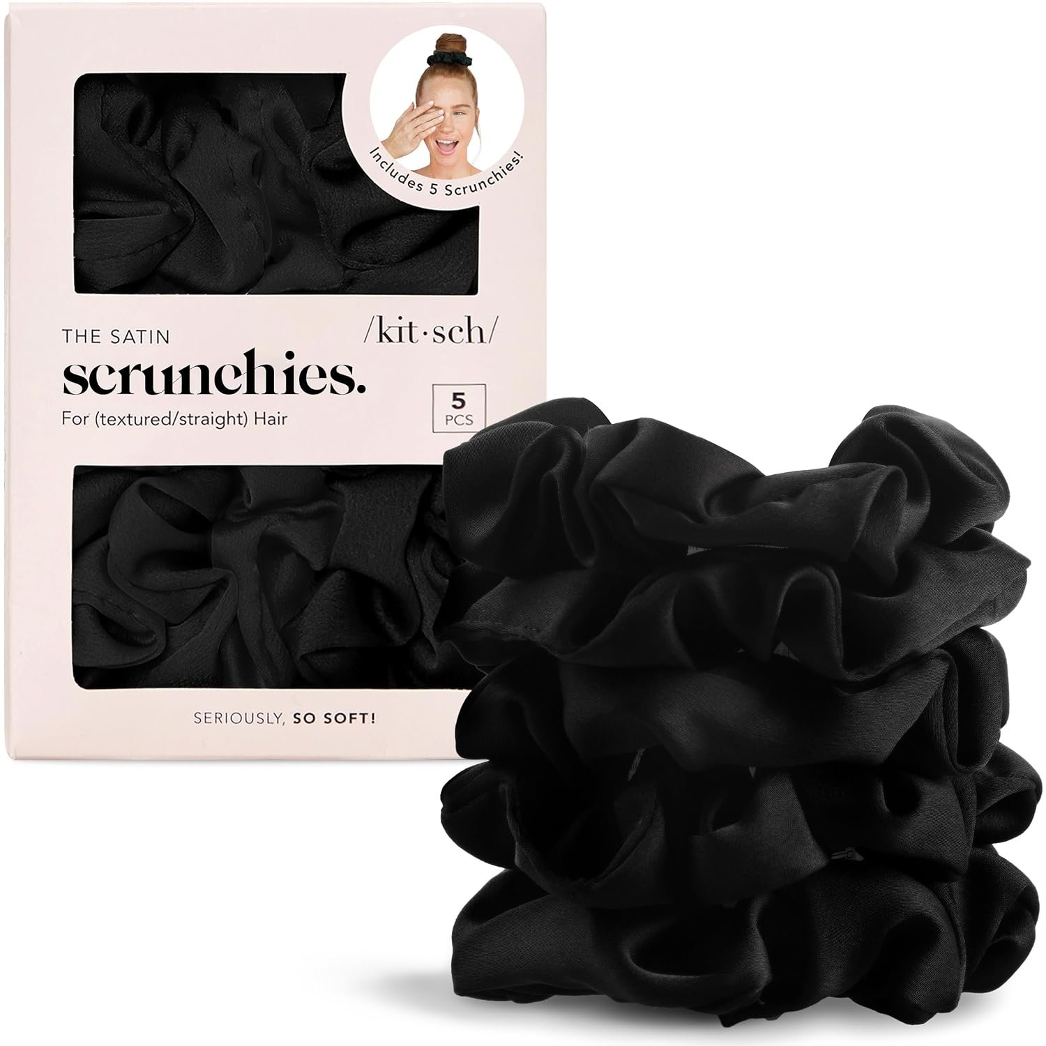 Kitsch Satin Scrunchies for Women | For All Hair Types – Black, 5pcs