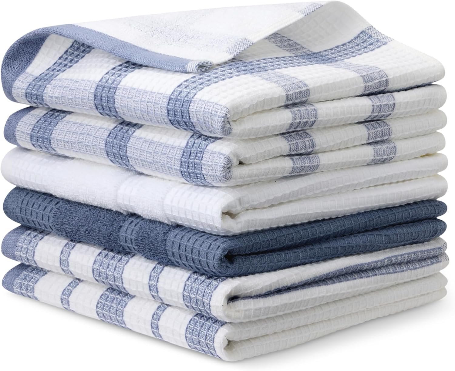 Amazon Basics Organic Cotton Waffle Kitchen Dish Towels – Ultra Absorbent, Quick Drying, Lint-Free, 15 x 25 inches, 6-Pack (4 Navy Strip/Checker, 1 White, 1 Solid Navy)