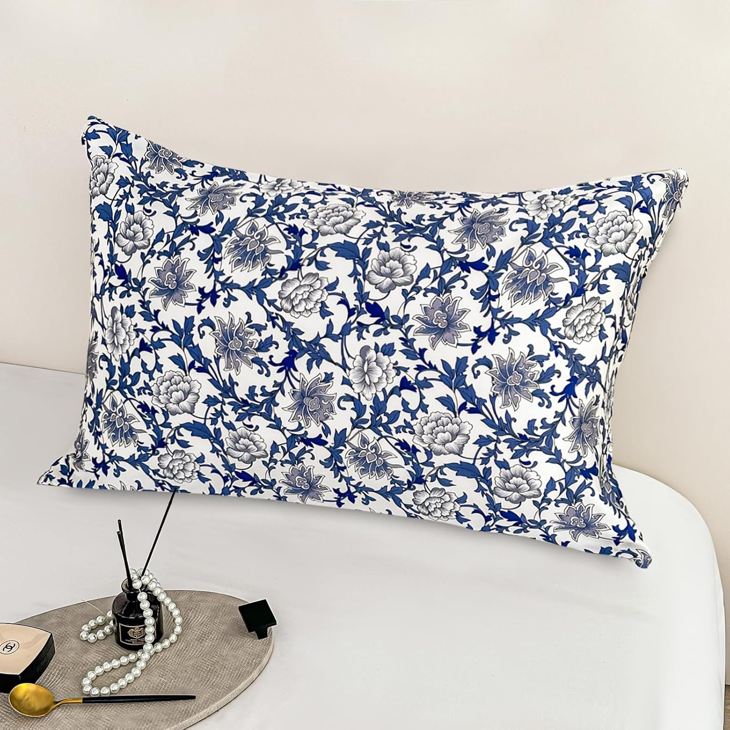 100% Pure Mulberry Silk Pillowcase Standard Size for Hair and Skin,Navy Blue Real Silk Pillow Cases with Zipper,Soft and Cooling,Both Sides Natural Slip Silk,Floral Print,1pc (20″x26″,Pattern6)