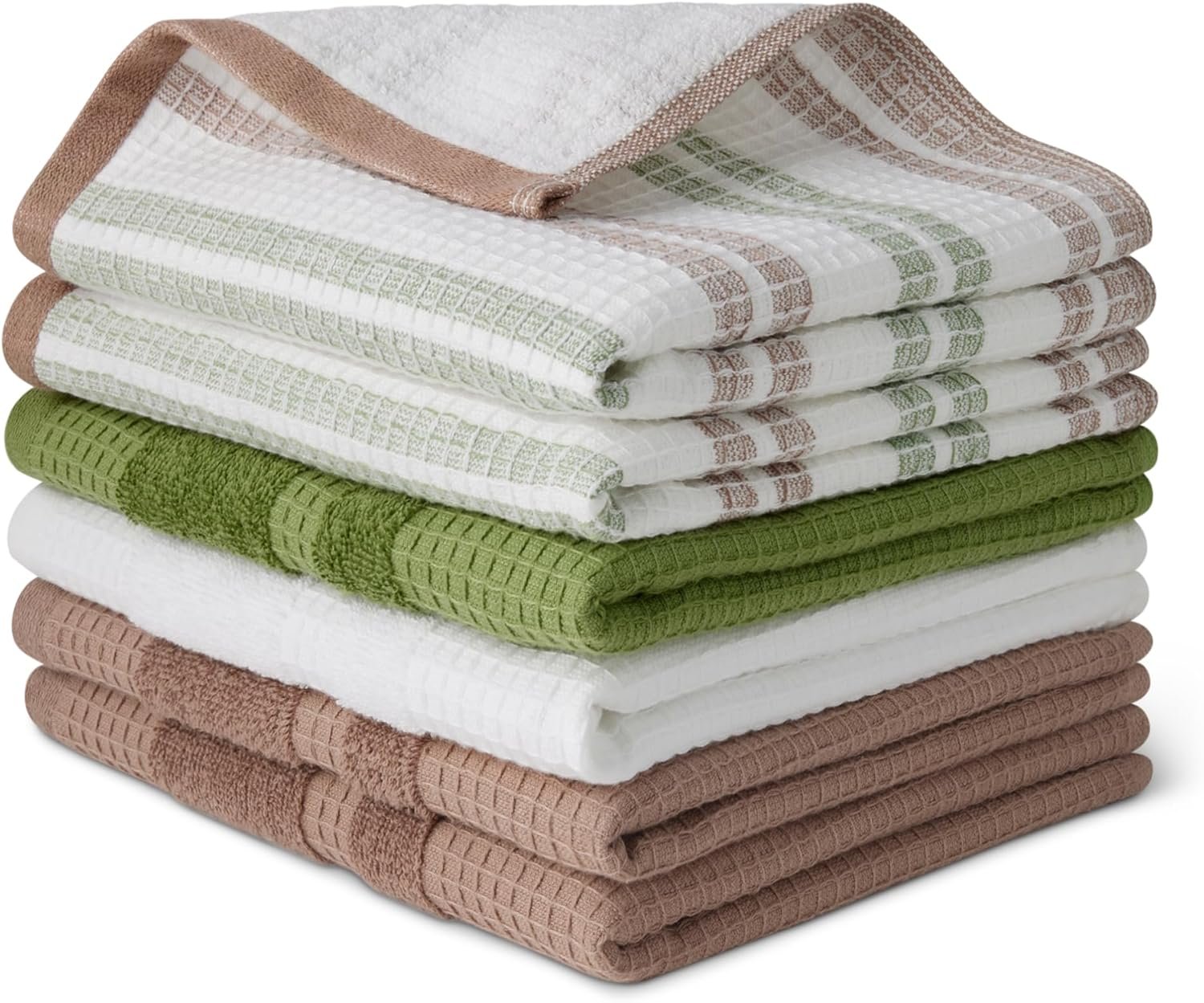 Amazon Basics Organic Cotton Waffle Kitchen Dish Towels – Ultra Absorbent, Quick Drying, Lint-Free, 15 x 25 inches, 6-Pack (2pc Olive Light/Brown Strip, 2pc Brown, 1pc Olive, 1pc White)
