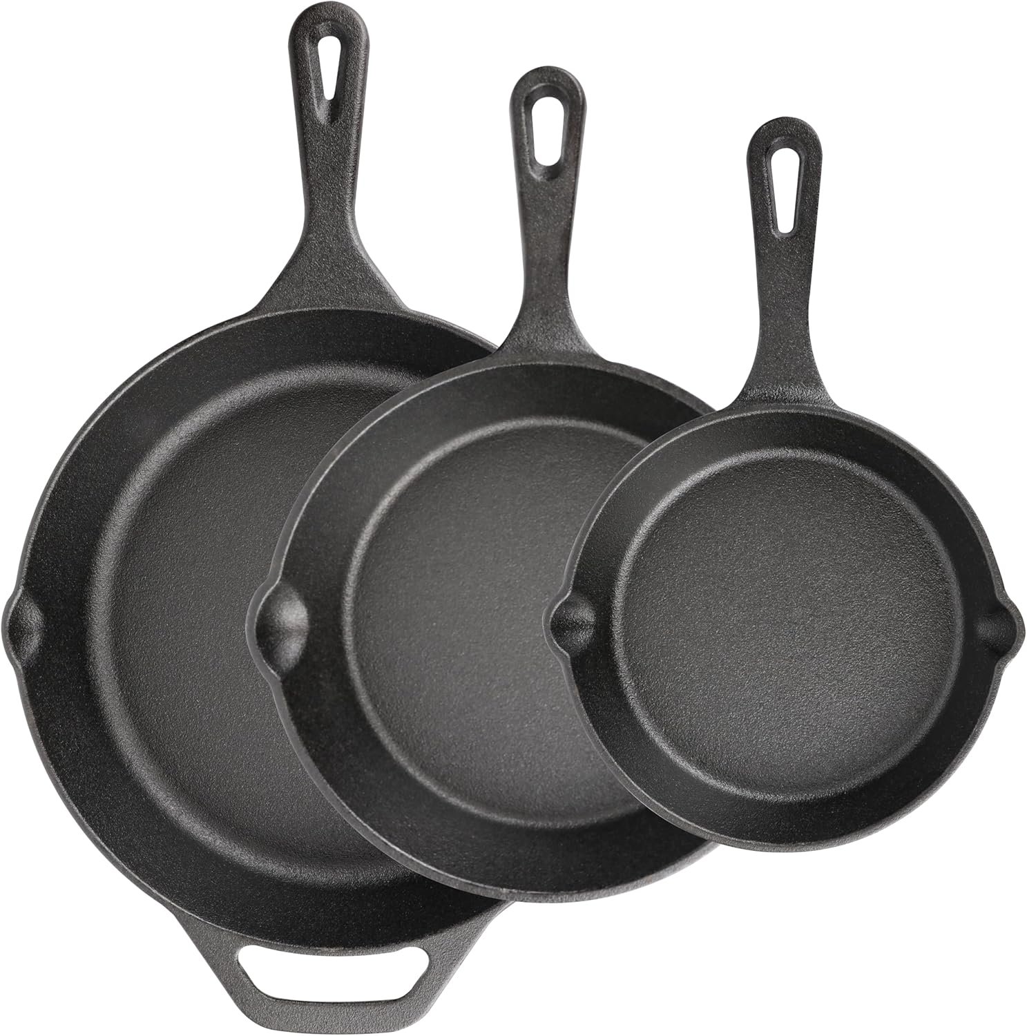 Cast Iron Skillet 3-Piece Set, 6″, 8″, 10″ Frying Pans, Heavy-Duty Pre-Seasoned Pan Cookware Set, For Frying, Saute, Cooking, Pizza & More, Black
