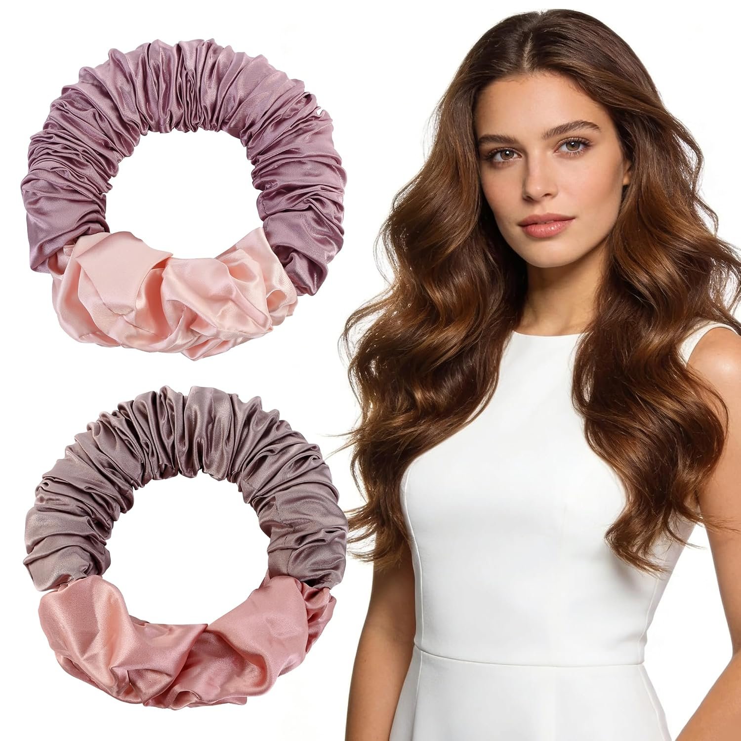 2 Pack Heatless Curling Scrunchie, Heatless Hair Curler Overnight to Sleep In, No Heat Curls for Long Hair, Soft Silk Lazy Sleep Hair Roller Headband (Pink+Purple Grey)