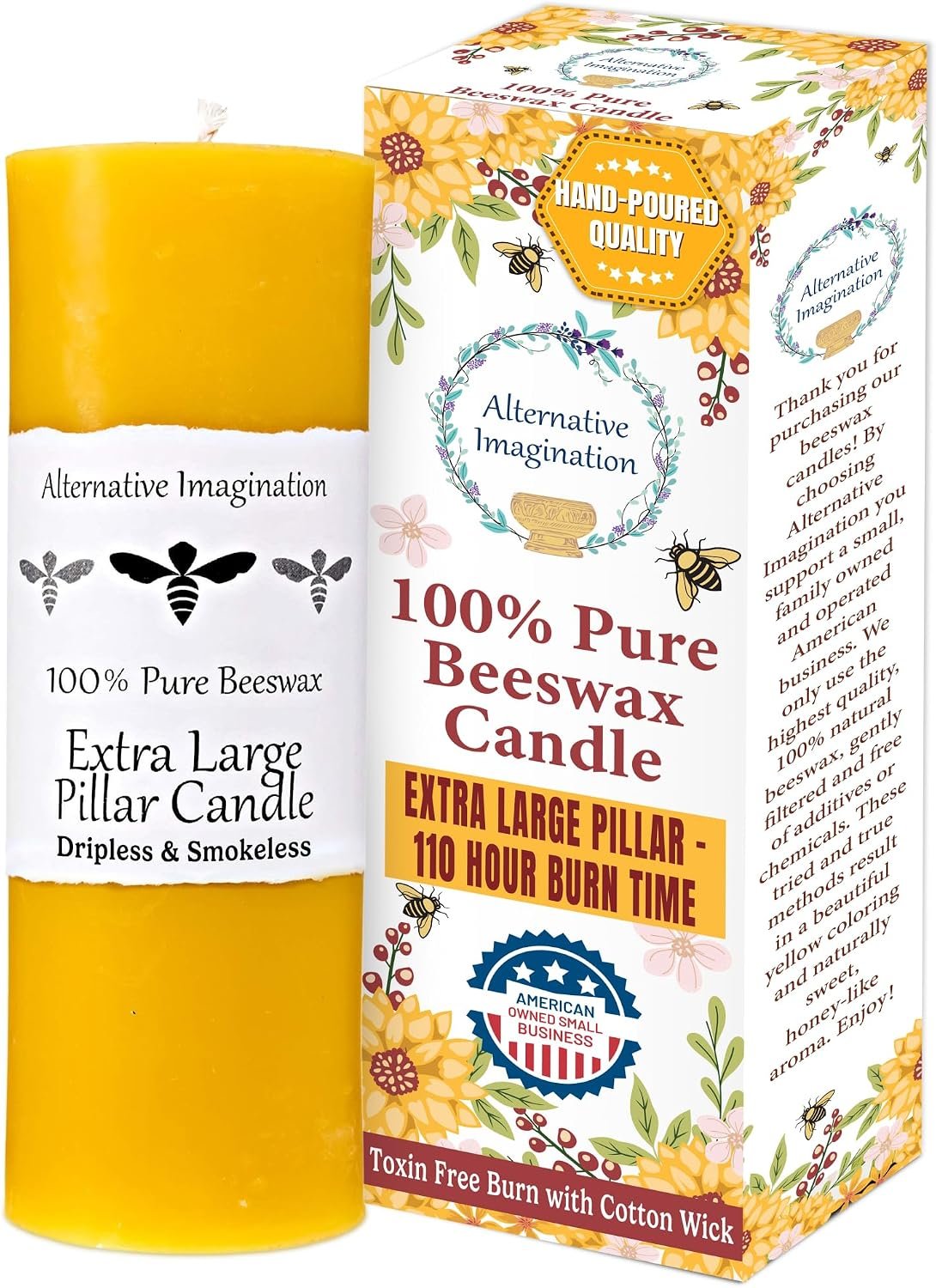 100% Pure Beeswax Candle – Long Lasting Burn – Non-Toxic & Hypoallergenic – Natural Honey Aroma – Handcrafted – Sustainably Sourced – Alternative Imagination – 3×9 Inch – Natural Yellow