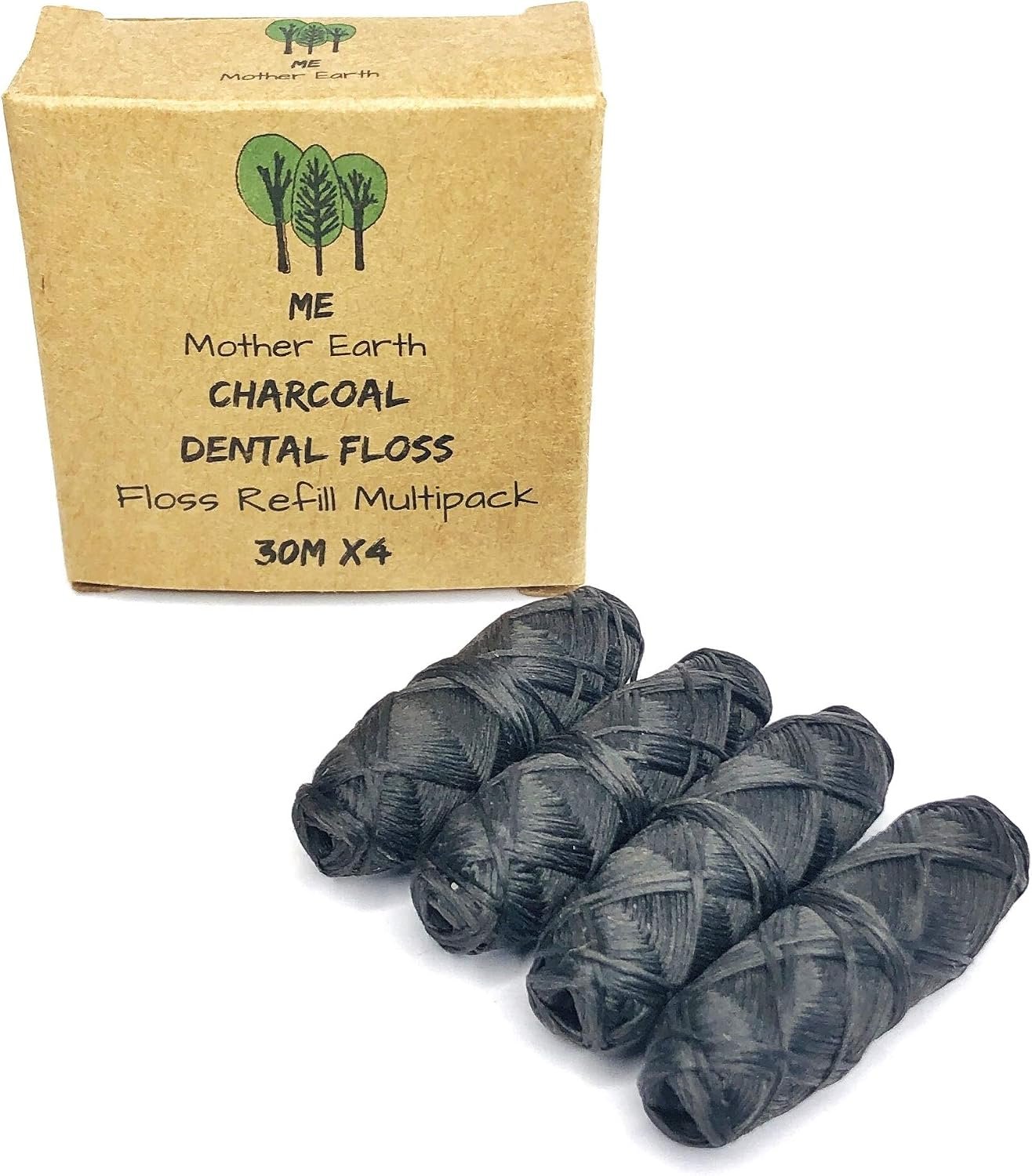 Me Mother Earth Charcoal Dental Floss Refill, Waxed, Black, 4 Pack, 120M