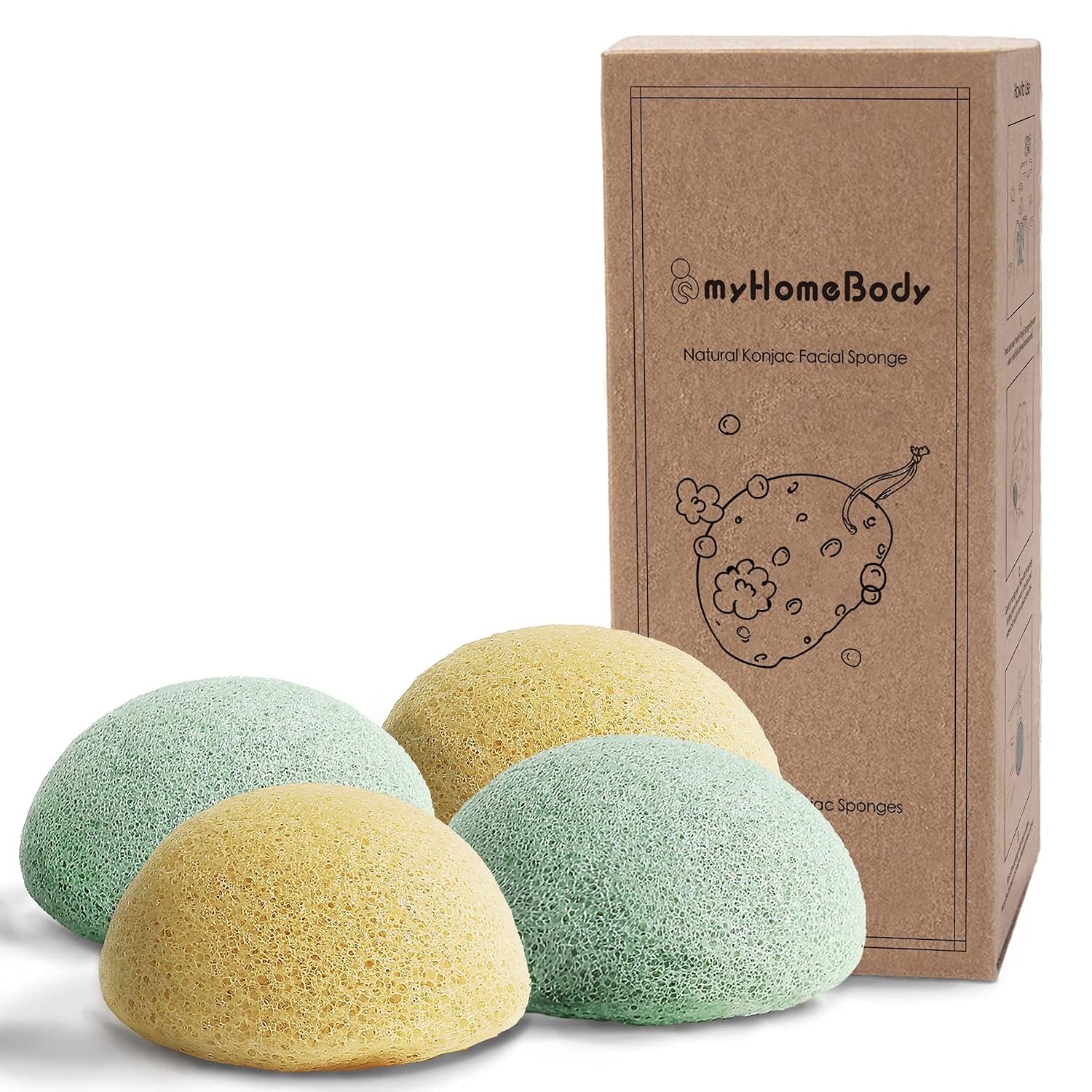 myHomeBody Natural Konjac Facial Sponges, Turmeric Yellow & Sage Green