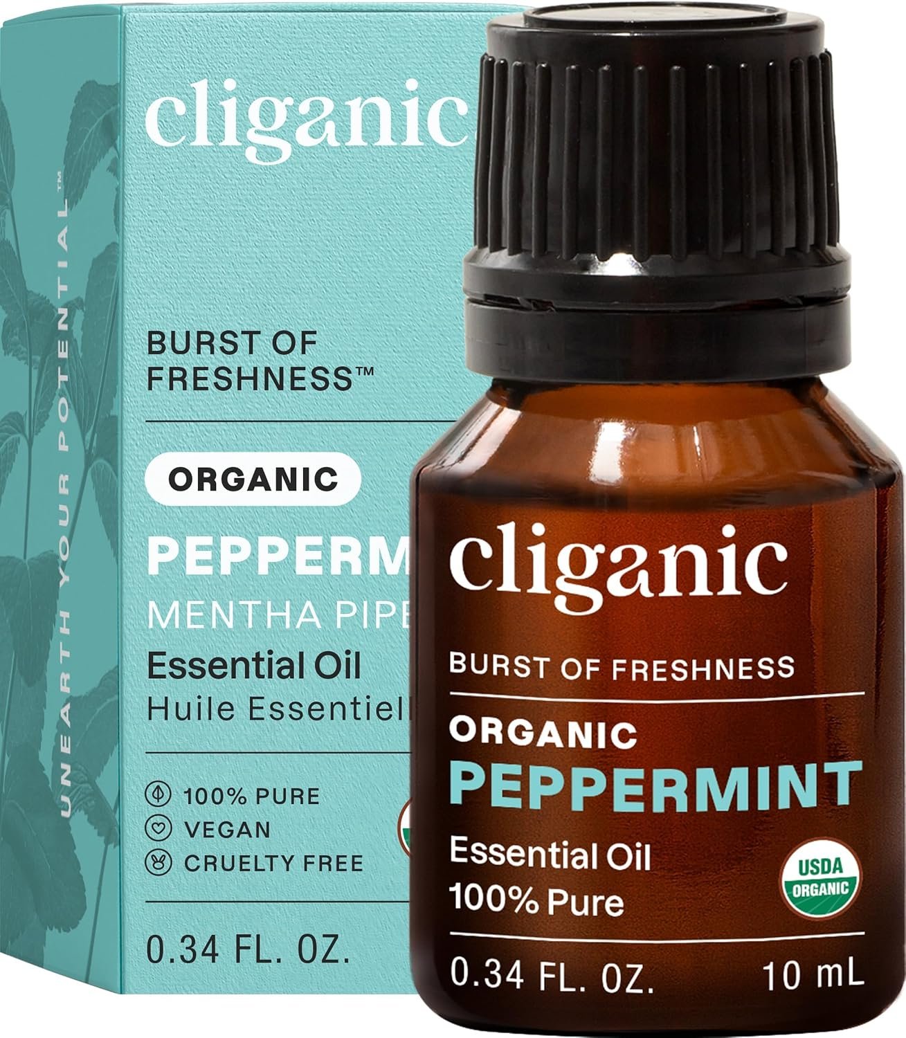 Cliganic Organic Peppermint Essential Oil for Diffuser, 100% Pure, 0.34oz