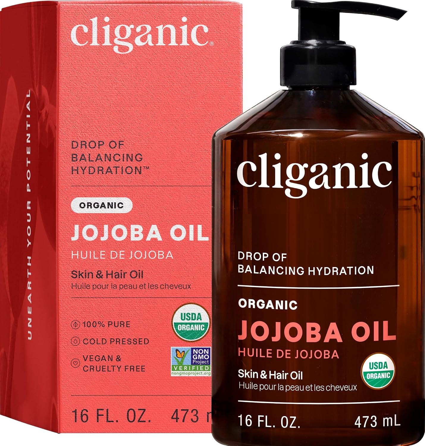Cliganic Organic Jojoba Oil, 100% Pure Cold Pressed for Face & Hair, 16oz