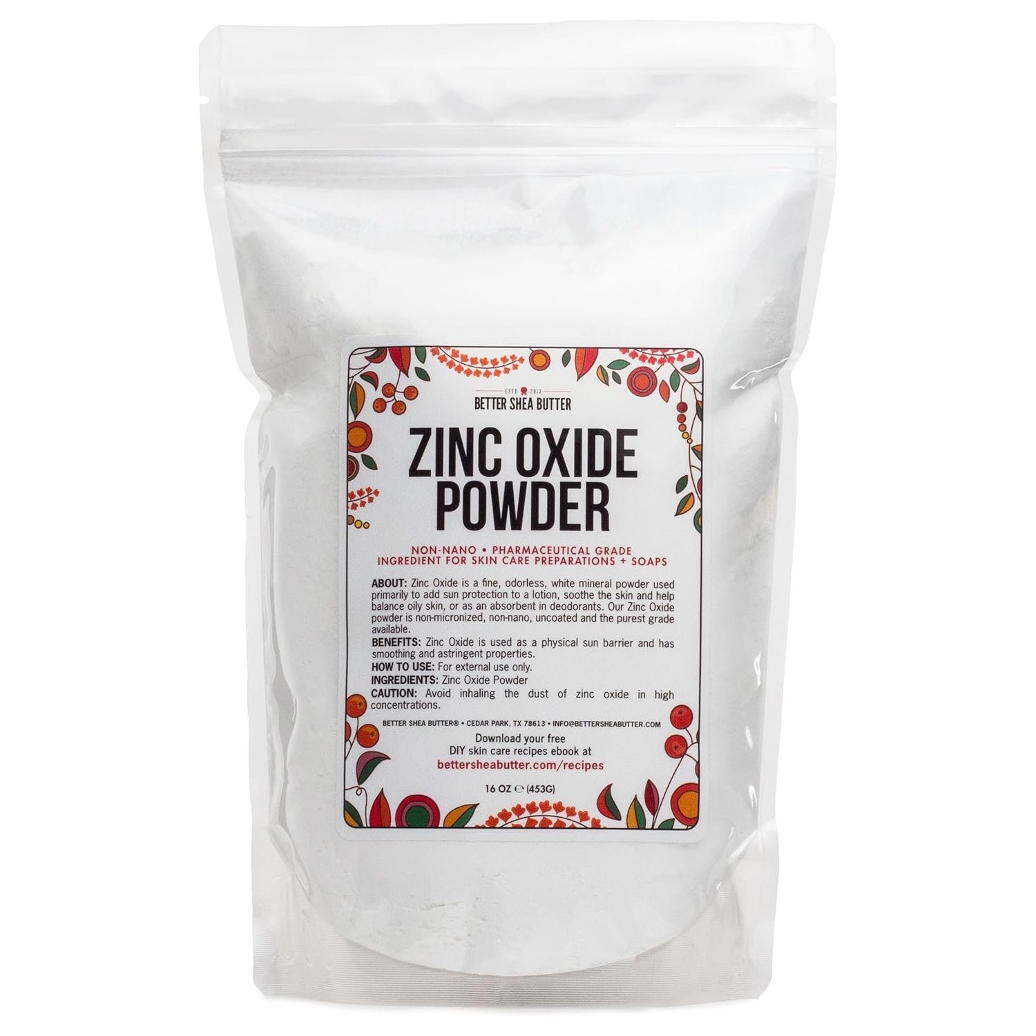Zinc Oxide Powder | Uncoated, Non Nano Zinc Oxide | Pure, Pharmaceutical Grade | Use in Homemade Sunscreen Lotion | Diaper Rash Cream, Deodorant DIY, Ointment | 1 LB by Better Shea Butter