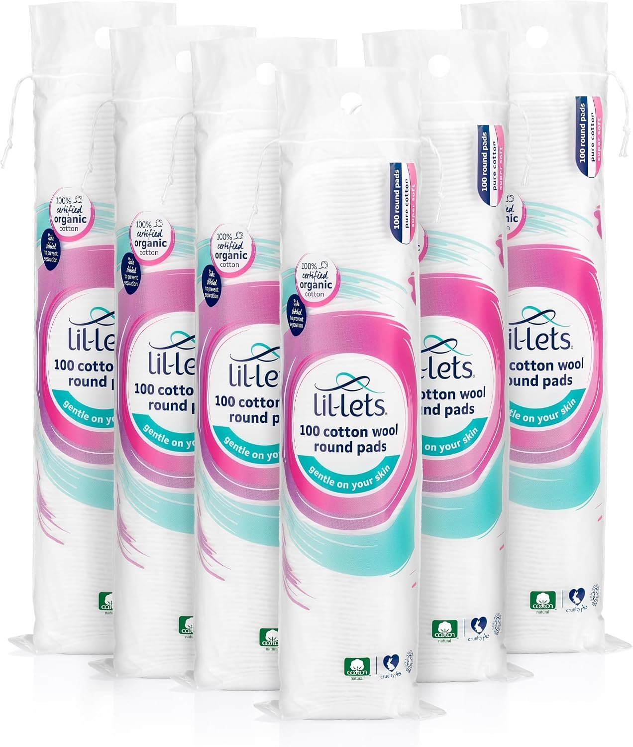 Lil‑Lets Organic Premium Cotton Wool Round Pads, 600 Count (6×100) –100% Pure GOTS Certified Organic, for Sensitive Skin, Makeup Removal & Skincare, Dermatologically Tested, Soft & Gentle