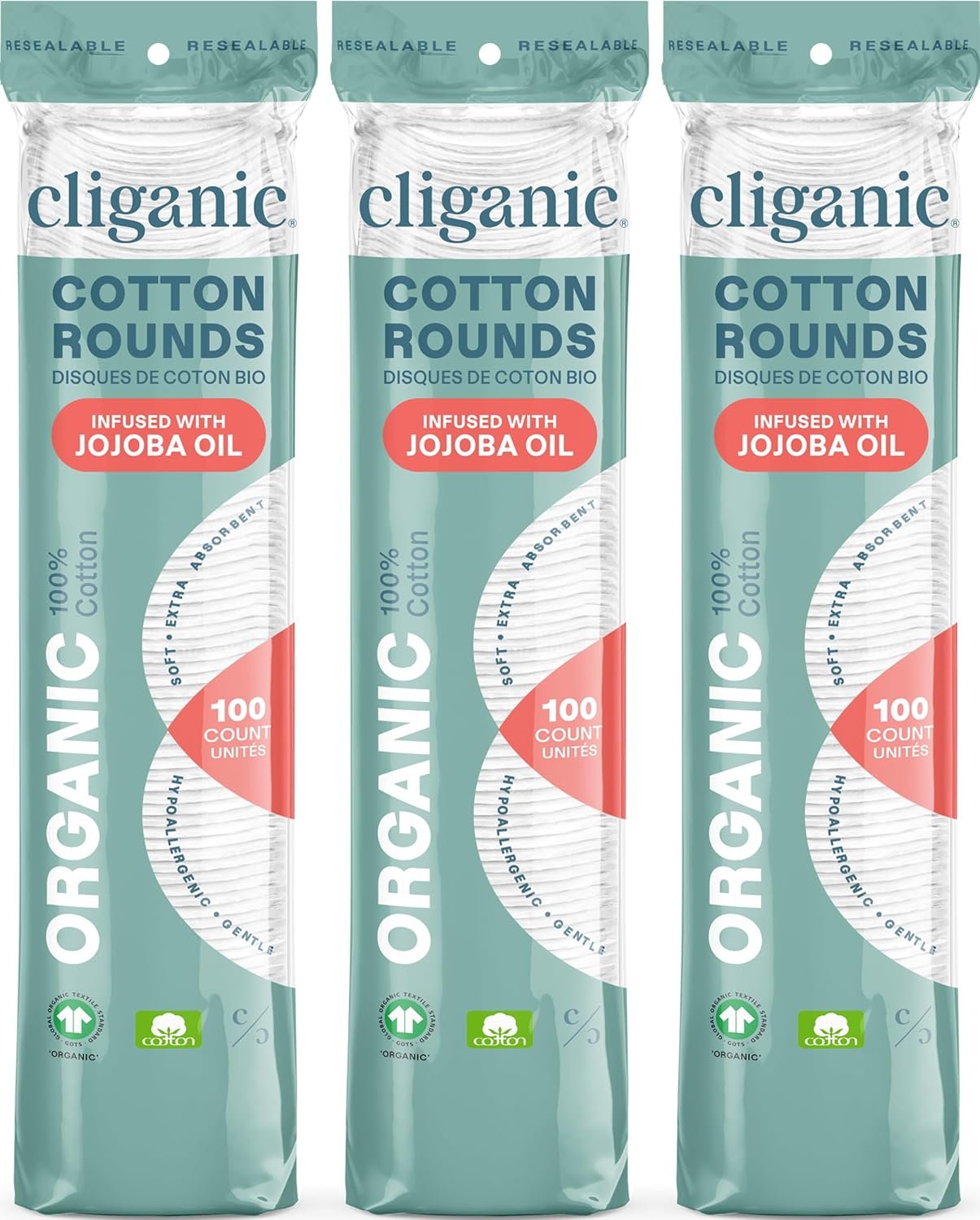 Cliganic Organic Cotton Rounds for Face, Makeup Remover Pads, 300 Count
