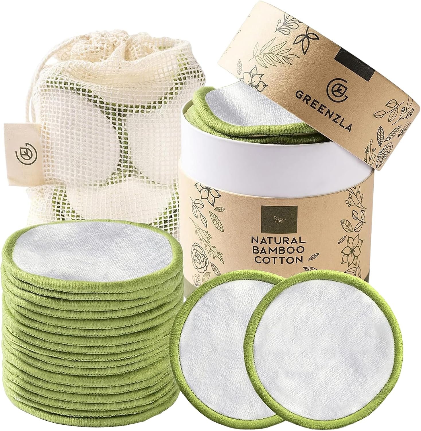 GREENZLA Reusable Makeup Remover Pads | 20 Pack | Bamboo Cotton Rounds
