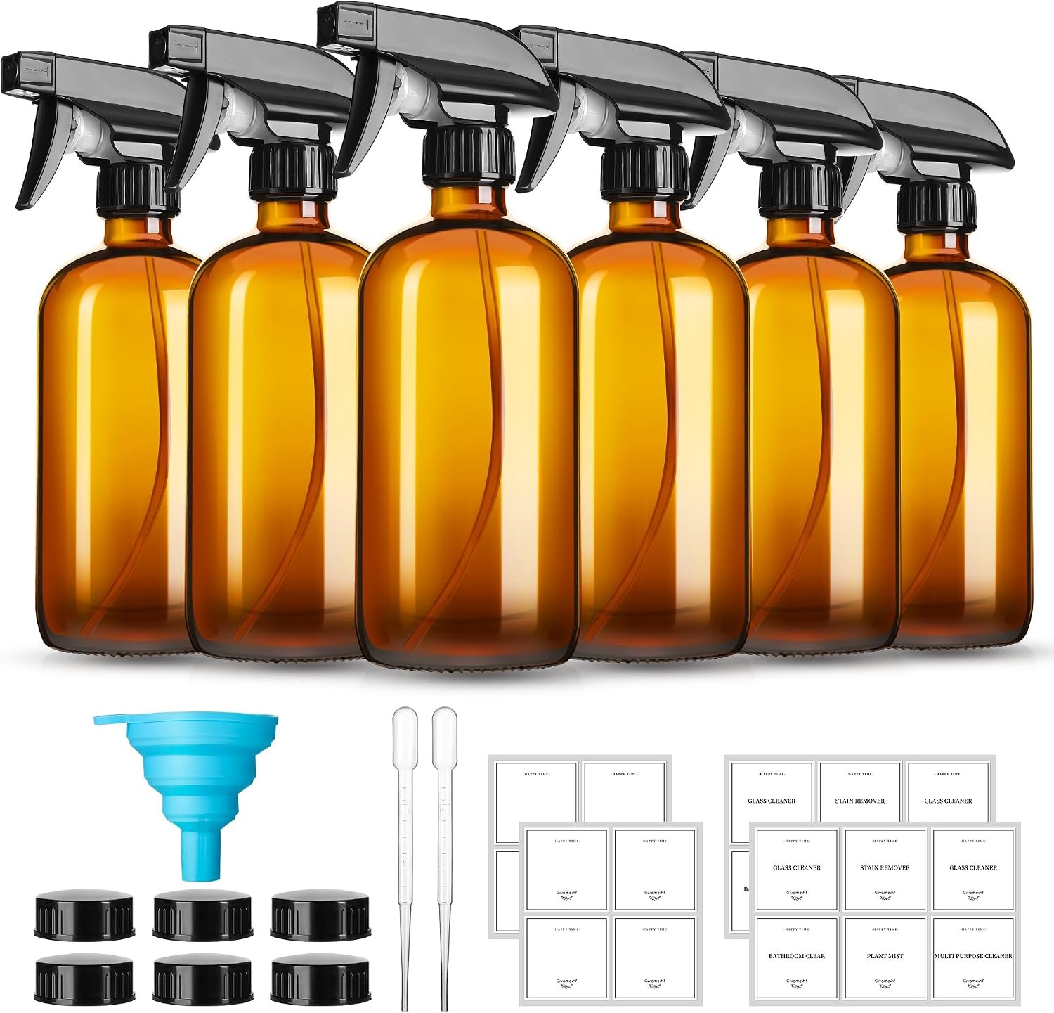 GIVAMEIHF 16oz Amber Glass Spray Bottles,6 Pack Glass Spray Bottles Refillable Empty Bottle with Adjustable Nozzle,Spray Bottle for Essential Oils,Cleaning,Pets,Hair Mister
