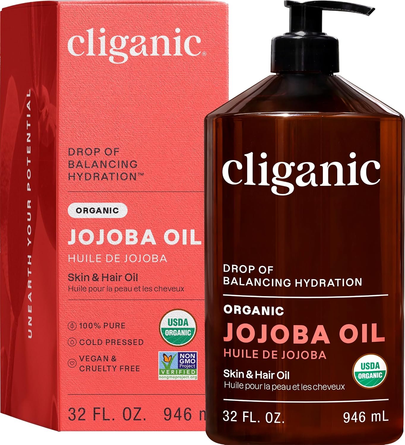 Cliganic Organic Jojoba Oil, 100% Pure Cold Pressed for Face & Hair, 32oz