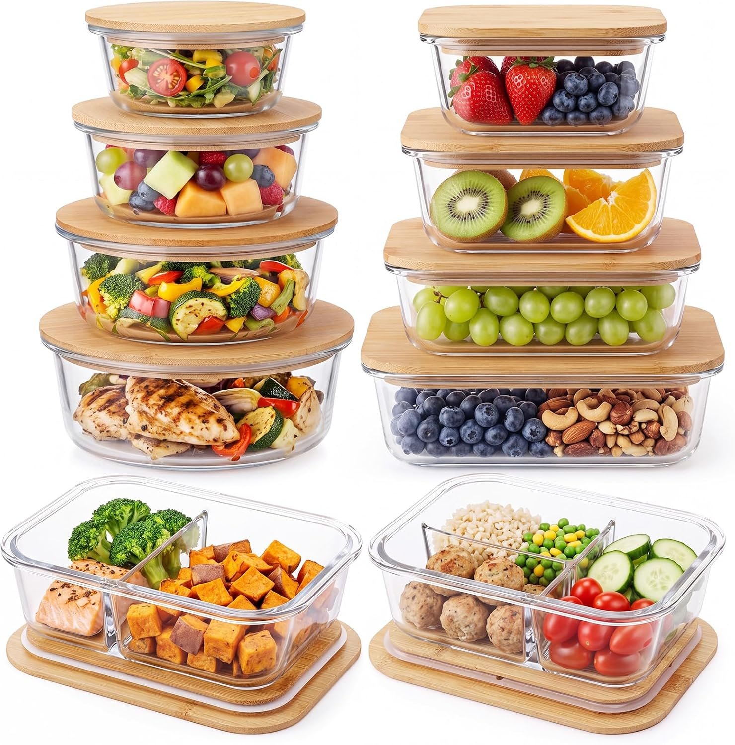 Blushtier 10 Pack Glass Food Storage Containers with Bamboo Lids