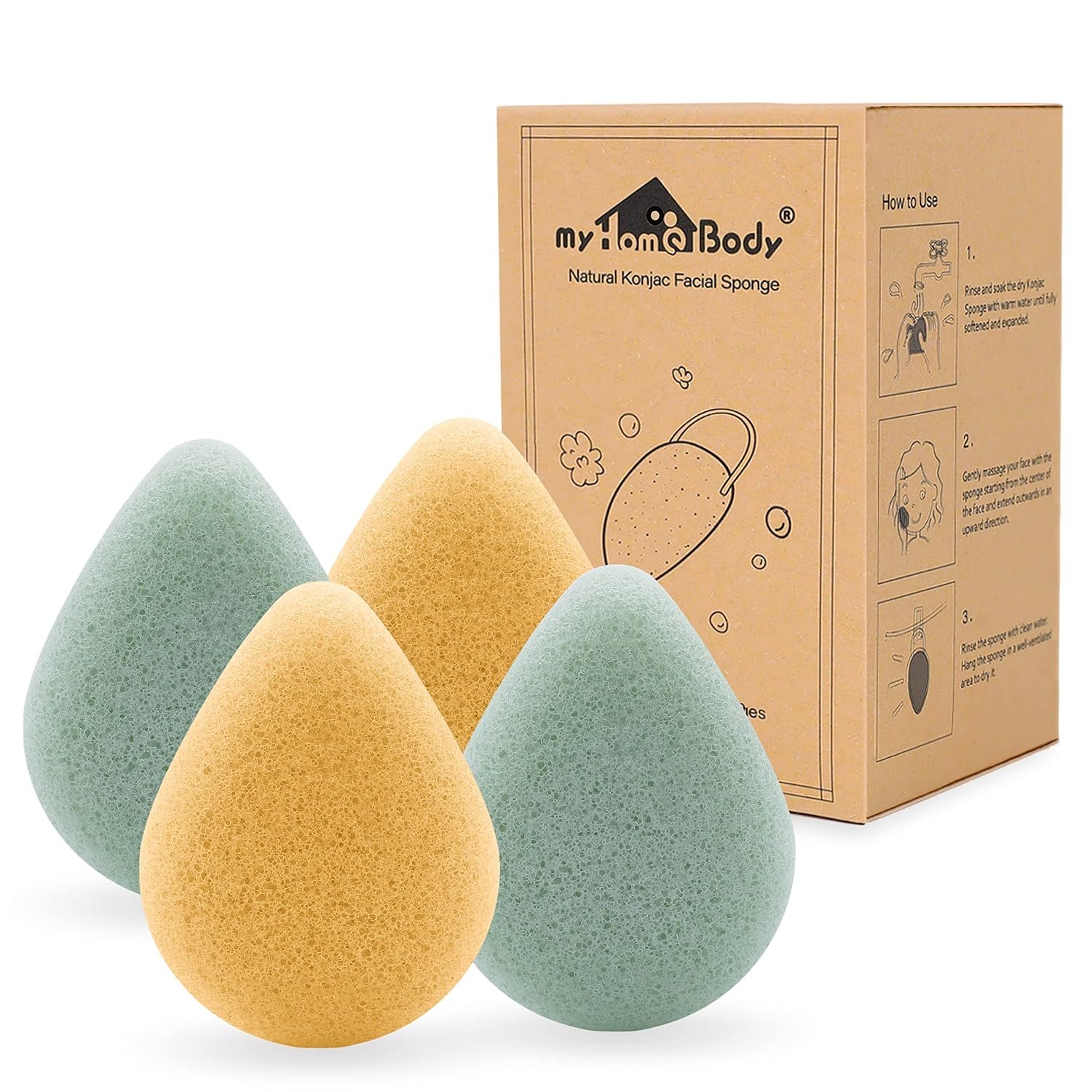 myHomeBody Natural Konjac Sponges, Teardrop, Turmeric Yellow and Aloe Green