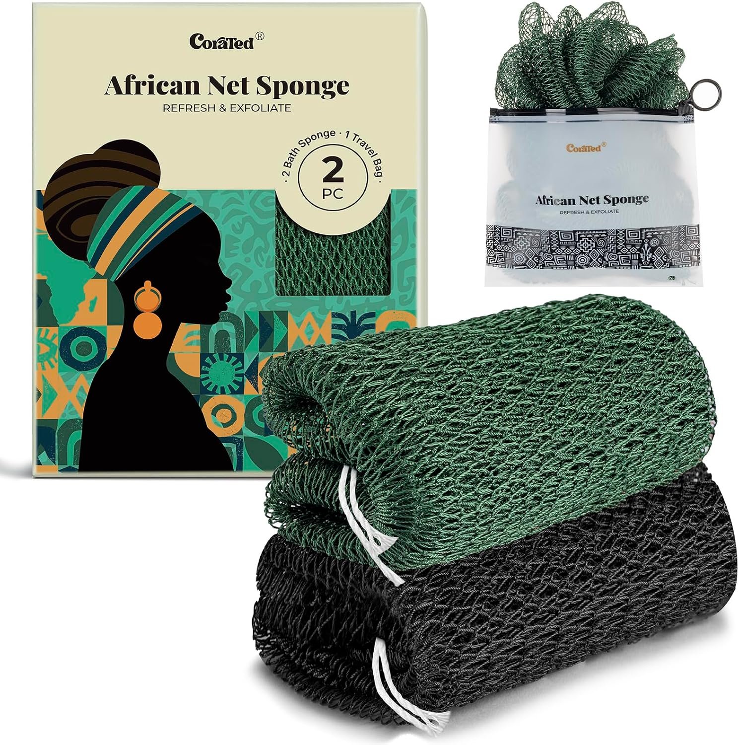 CORATED African Net Sponge Authentic, Shower Loofah Exfoliating Bath Sponge