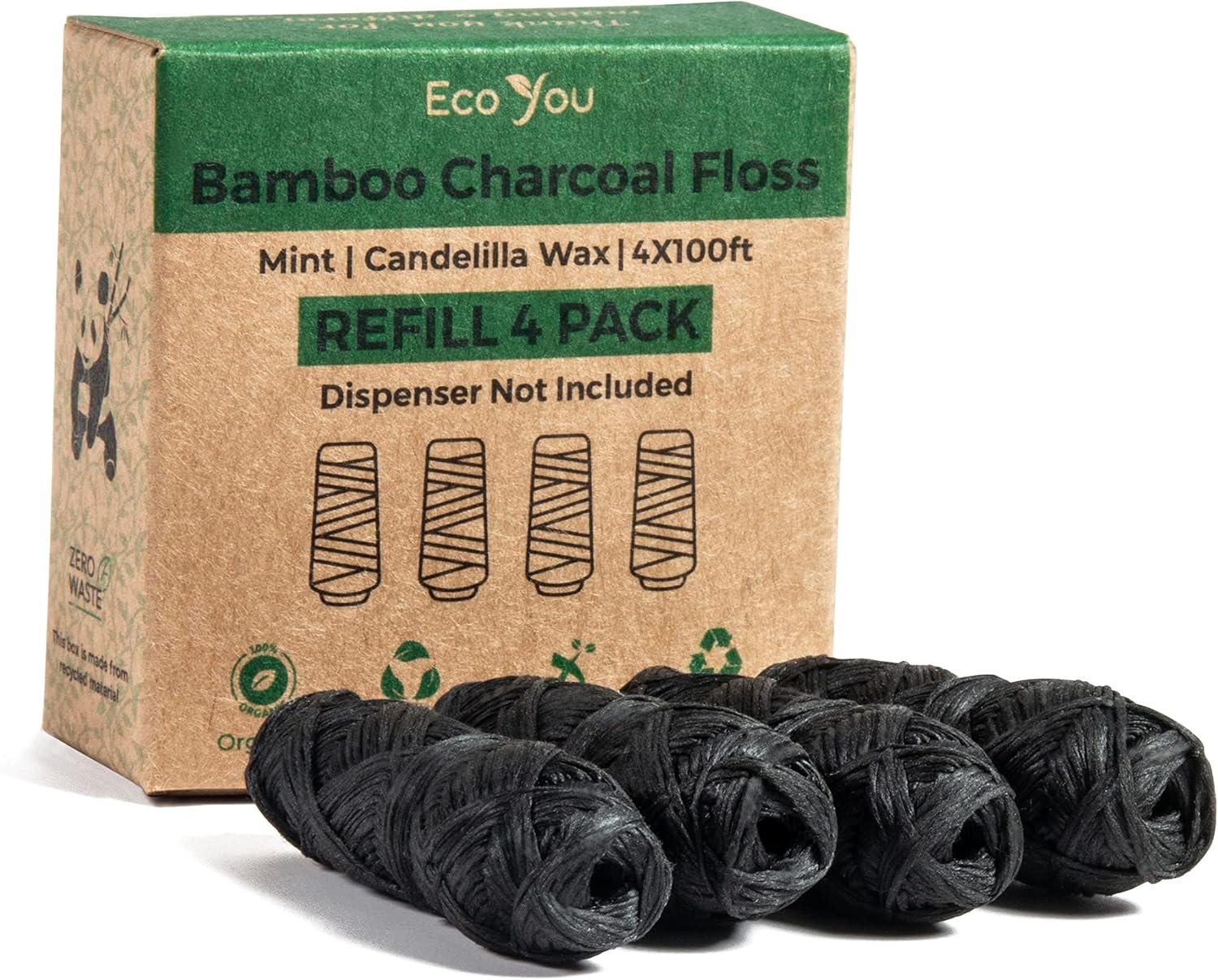 Bamboo Charcoal Dental Floss | Mint & Candelilla Wax | Vegan & Biodegradable (4 Refills Pack) | Pfas Free