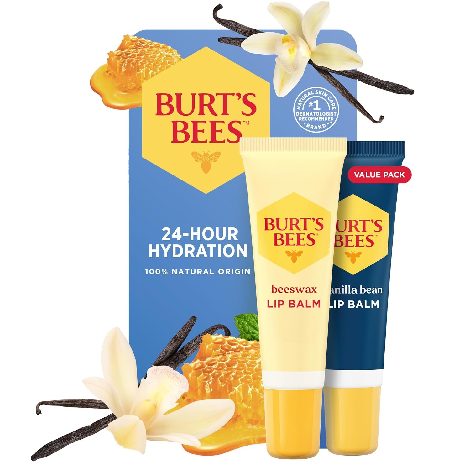 Burt’s Bees 24 Hour Hydrating Lip Balm, Beeswax & Vanilla Bean, 2 Pack