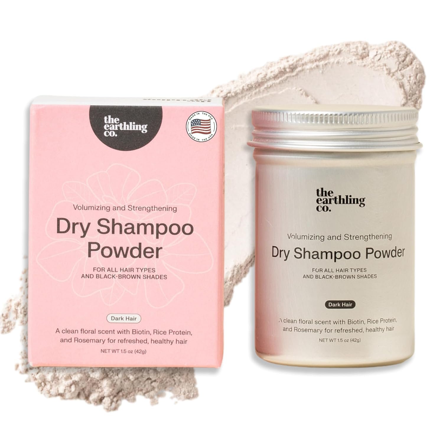The Earthling Co. Dry Shampoo – Non Aerosol Volumizing Powder for Oil – Natural, Organic Ingredients for Brown and Black Hair – Talc-free formula with Rosemary Oil and Biotin (Dark Hair, 1.5 oz)