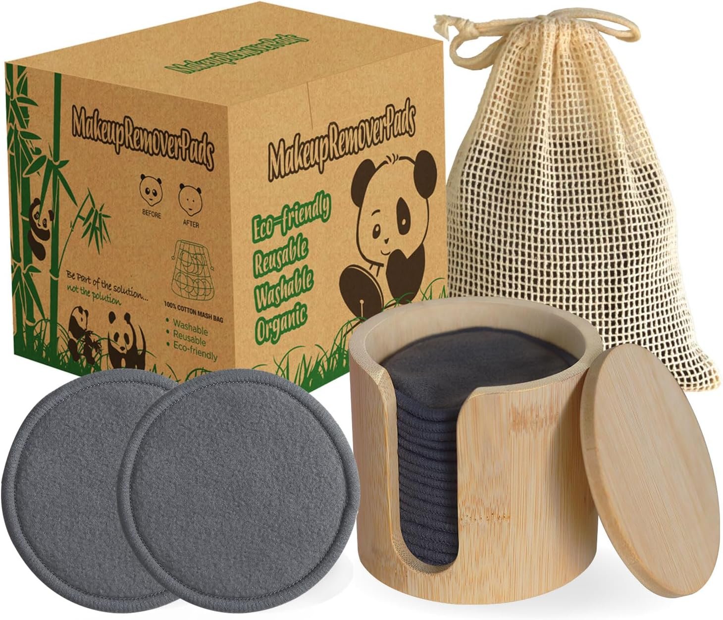 Reusable Cotton Rounds, 100% Natural Bamboo Cotton Pads for Face|Reusable Makeup Remover Pads with Laundry Bag,Headband and Cotton Round Holder (Gray)
