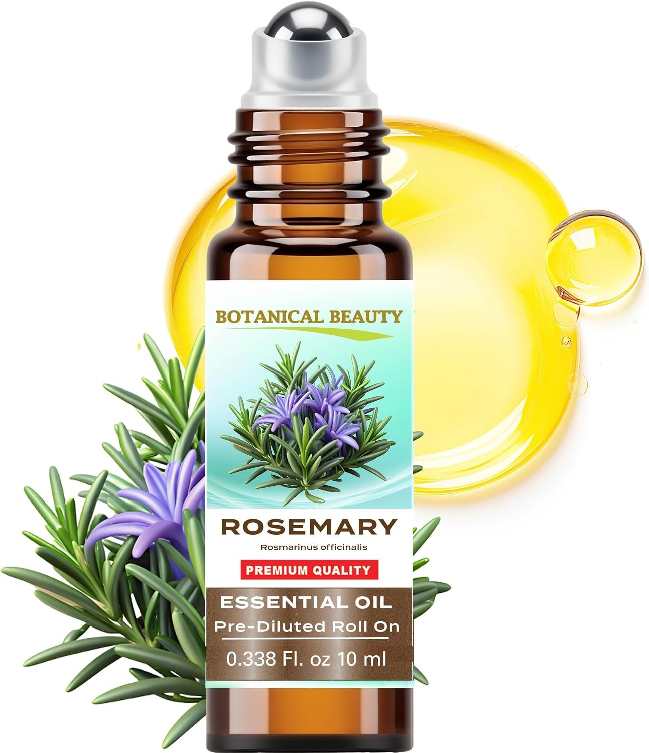 Botanical Beauty Rosemary Essential Oil Roll On 0.33 Fl Oz 10 ml for Support Hair Growth & Health, Eyebrow Beard Growth Hairline Roots in 100% Organic MCT Coconut Oil. for Skin, Hair, Travel.