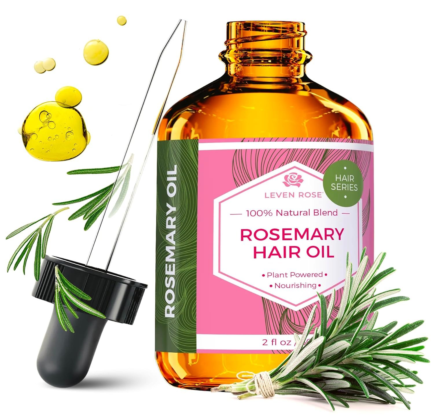 Leven Rose Organic Rosemary Hair Growth Oil with Castor, Rosemary, Peppermint, Jojoba, Argan, Pumpkin Seed, Horse Tail Extract, Evening Primrose for all Hair Types, Natural, 2 oz