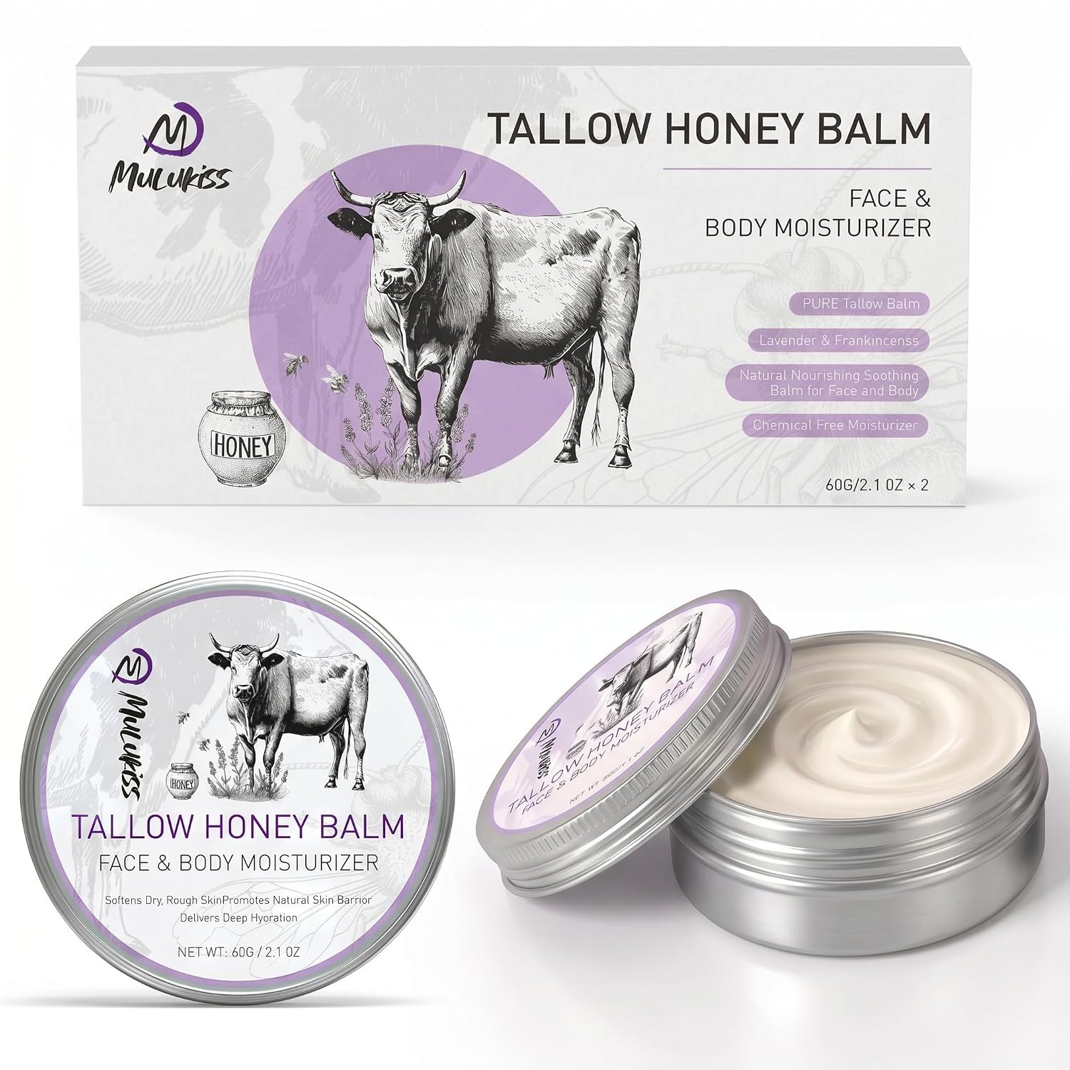 Beef Tallow for Skin – 2Pcs Beef Tallow for Face Cream, Grass-Fed Tallow and Raw Honey Balm with Lavender Essential Oil, Whipped Natural Tallow Face Moisturizer Makeup Cleansing Milk for Dry Home&Away