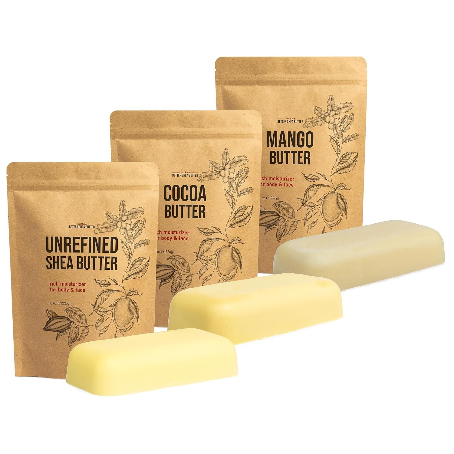 Better Shea Butter Set of Raw Shea Butter, Raw Mango Butter, Unrefined Cocoa Butter For Soap Making and DIY Body Butters, Lip Balms, Body Lotions – Each Bar is 8 oz Making 24 oz Total (3-Bar Set)
