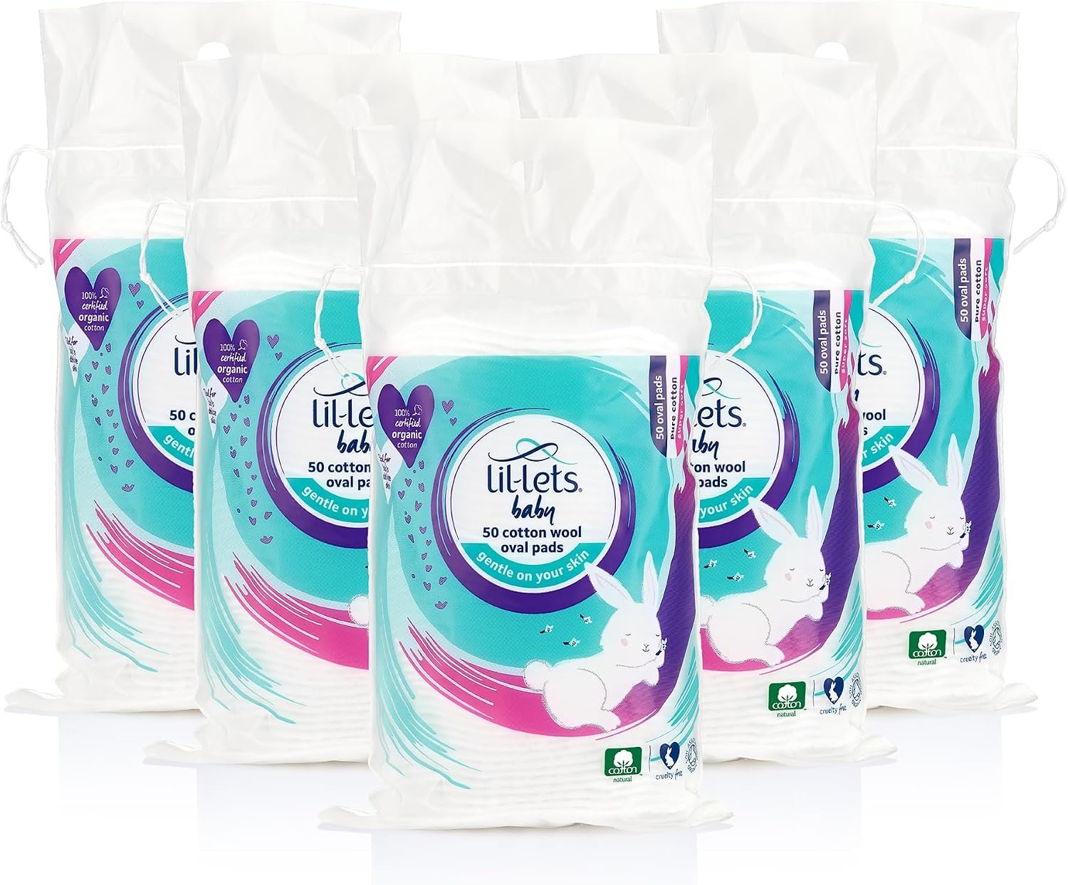 Lil-Lets Premium Baby Cotton Oval Pads, x 250 (5 Packs of 50), Certified Organic, Lint-Free, 100% Pure Cotton Wool, Soft and Absorbent, Gentle on Skin, Dermatologically Tested
