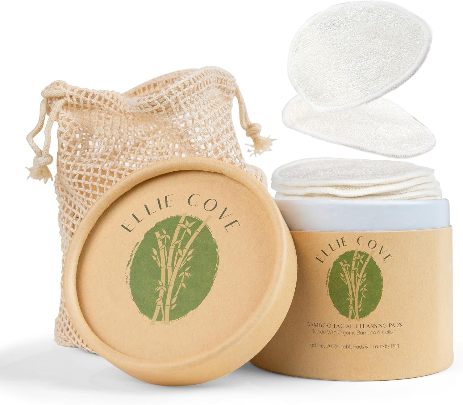 20-Piece Reusable Organic Bamboo Cotton Pads (70% Bamboo, 30% Cotton), Eco-Friendly with Washable Laundry Bag and Round Storage Box, for All Skin Types