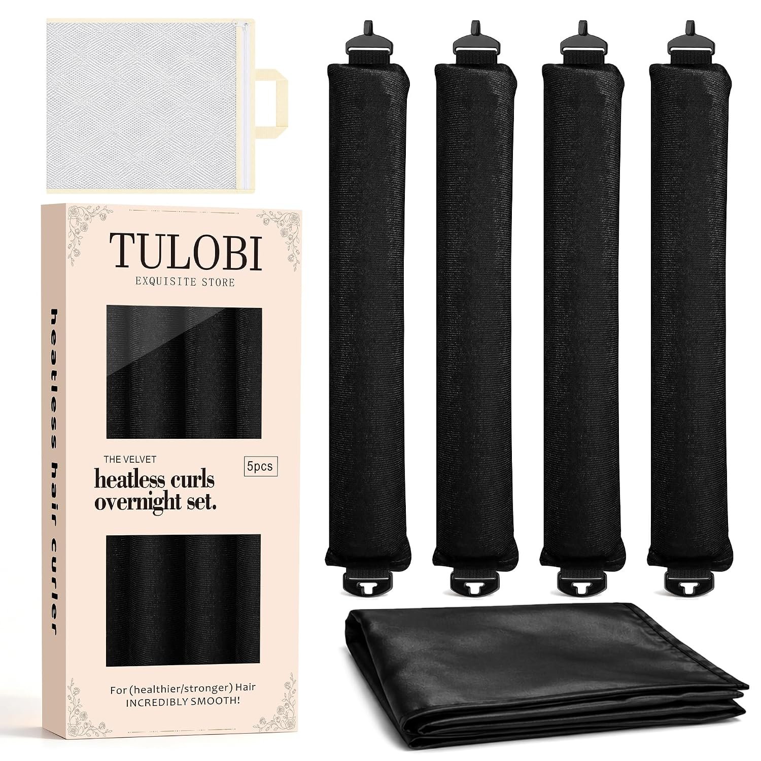 TULOBI Heatless Curls Overnight, 4PCS Jumbo Velvet Curling Rods, Black