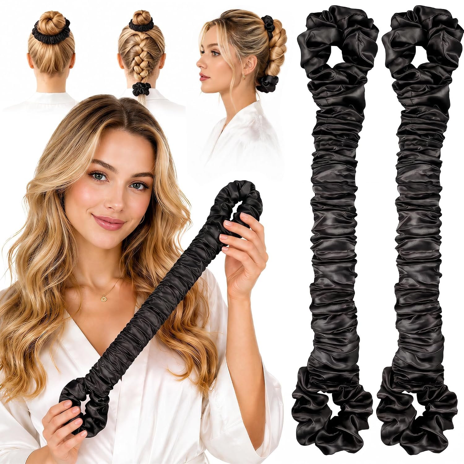 Multi-function Satin Heatless Hair Curler, No Heat Blowout Curling Rods, Sleep Scrunchie with Built-in Scrunchie Ends, Soft Sleep In Styling Tool for Full Bouncy Curls – Black