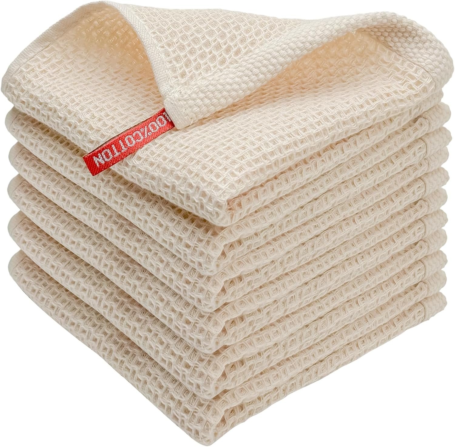 100% Cotton Waffle Weave Kitchen Towels, 6 Pack Dish Cloths for Washing Dishes, Ultra Soft Absorbent Dish Towels, Quick Drying Kitchen Rags, 12×12 Inches, Beige