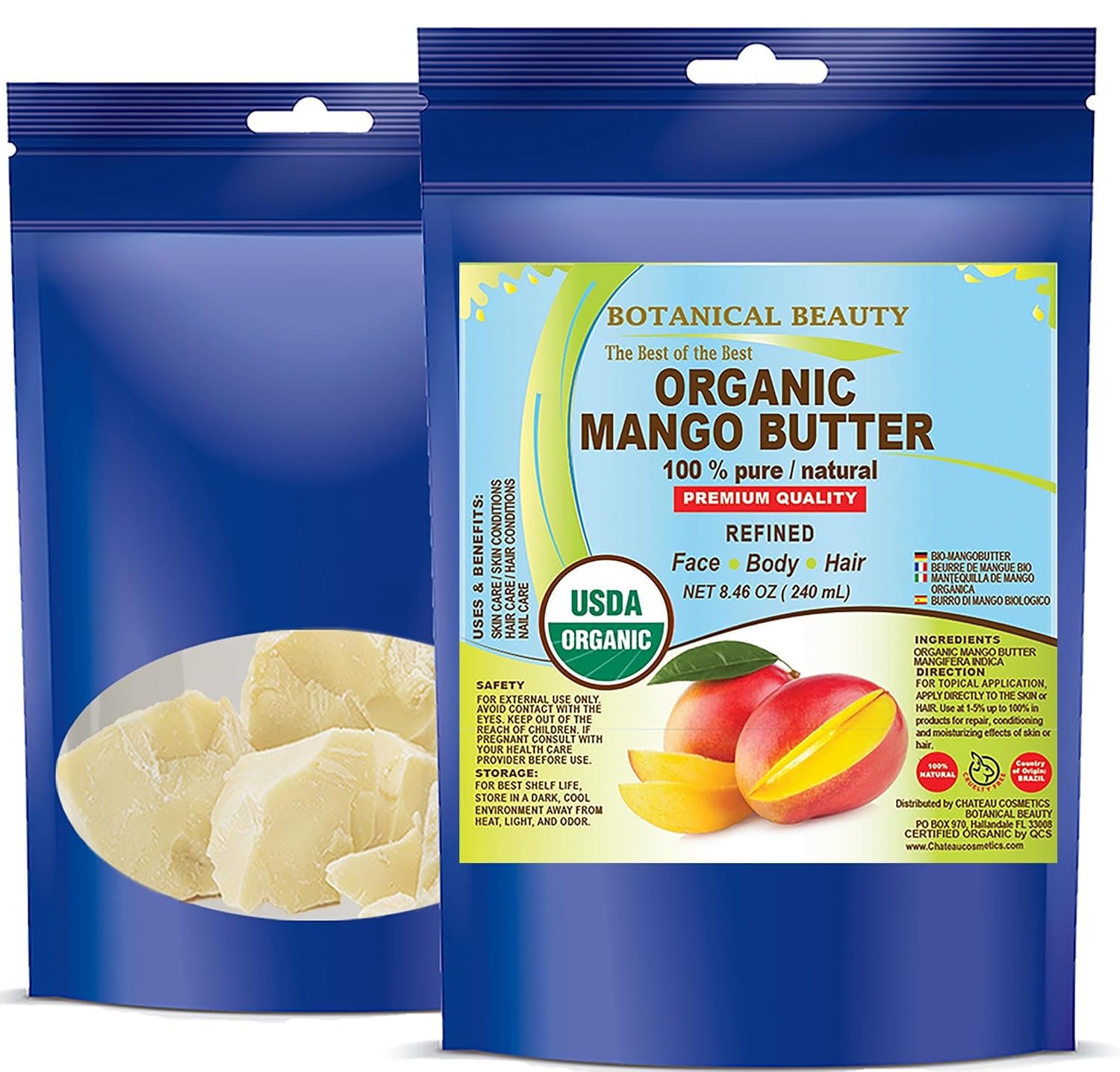 Botanical Beauty Organic MANGO BUTTER RAW 100% Pure Natural VIRGIN REFINED 8.46 oz – 240 gram for Face, Skin, Hair, Body, Nails. Skin Moisturizer. for Lotions, Cream. Rich in Vitamin E