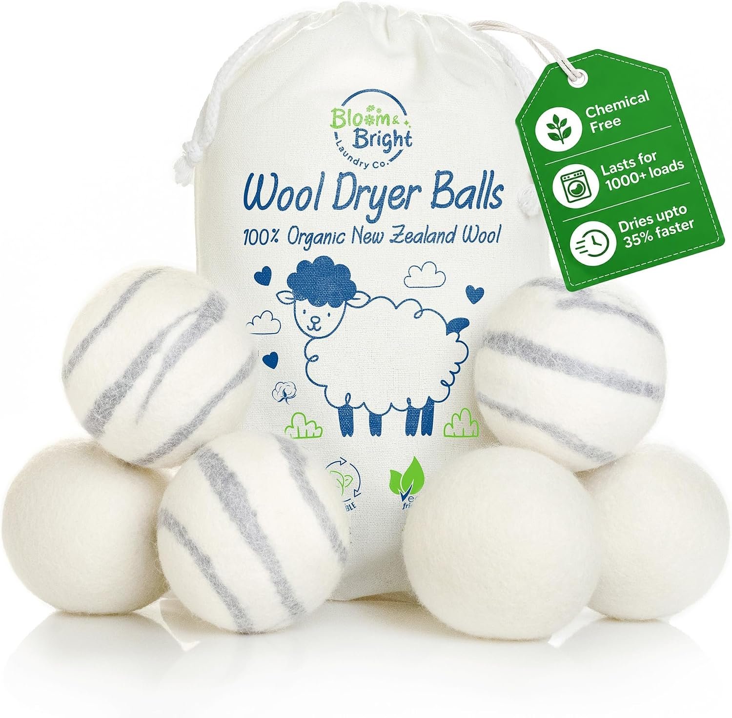 Organic Wool Dryer Balls Laundry Reusable (Set of 6) XL – 100% Pure New Zealand Wool – Natural Anti Static Fabric Softener Balls