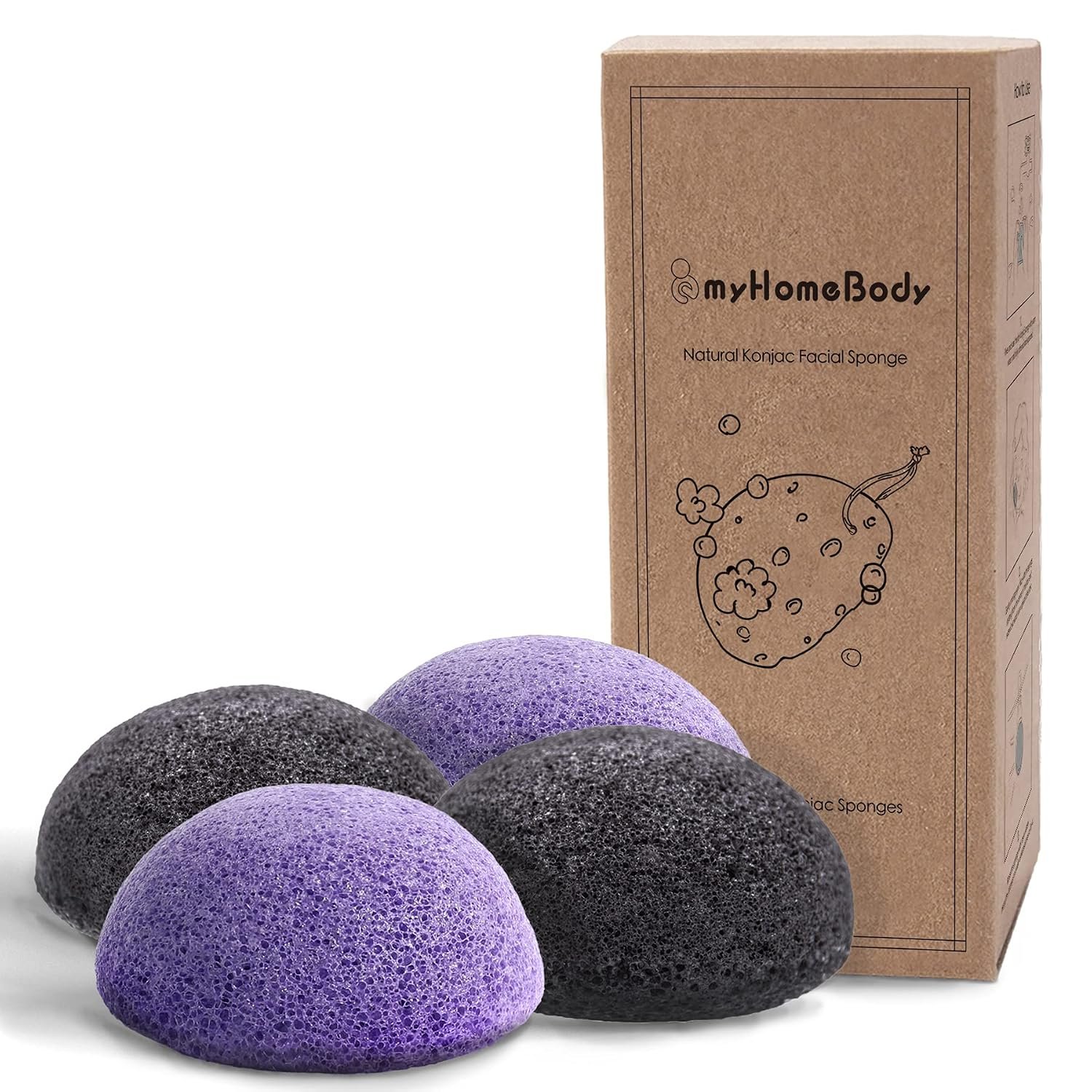 myHomeBody Natural Konjac Facial Sponges, Violet Lavender & Charcoal Grey