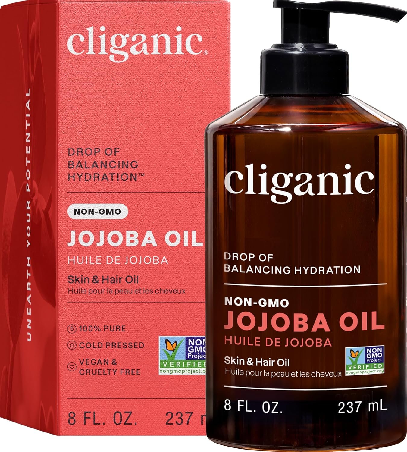 Cliganic Jojoba Oil ,100%, Non-GMO, Cold Pressed for Face, Hair & Skin 8oz